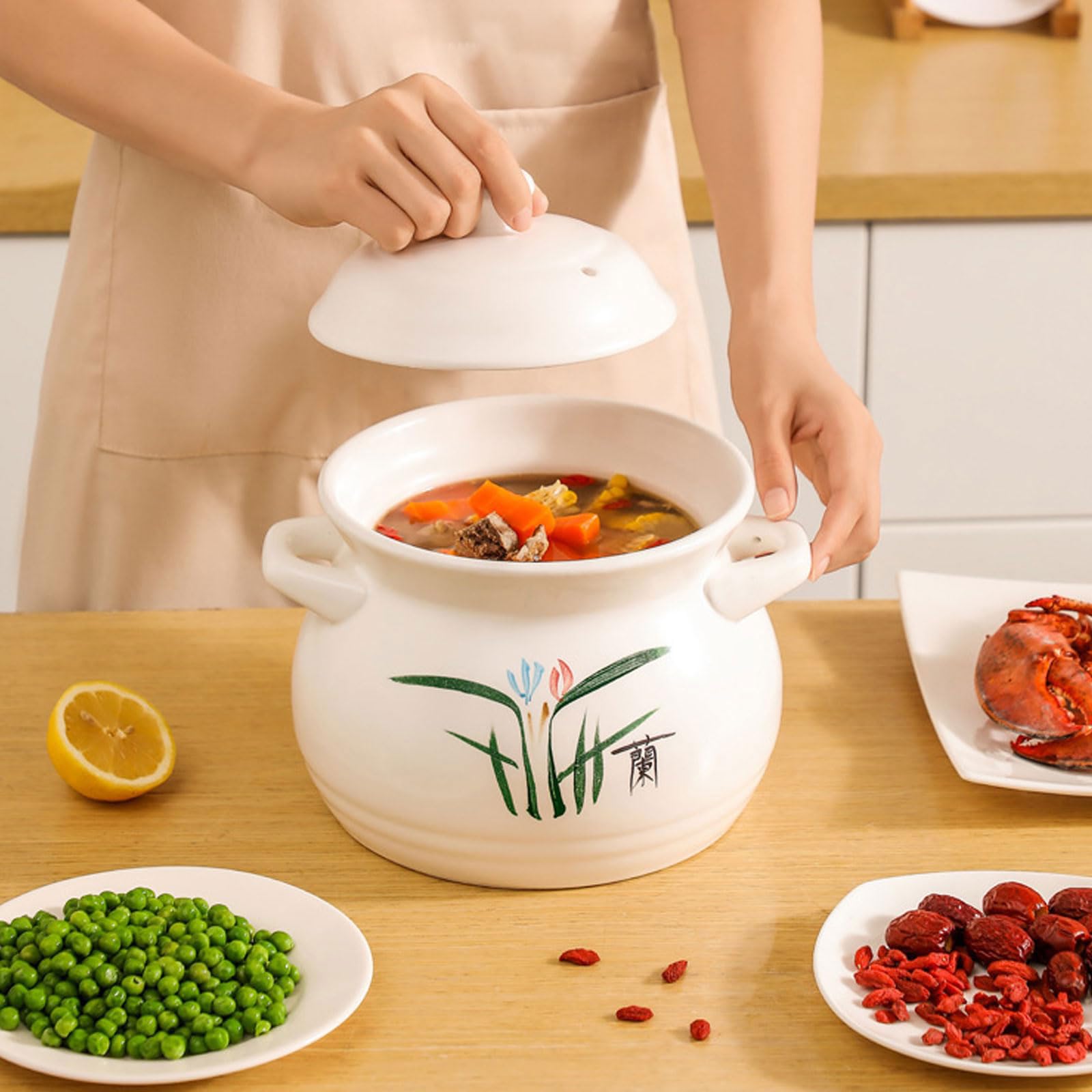 Cazuela De Gas De Gran Capacidad,Olla De Barro De Cerámica con Tapa,Resistente y Gran Capacidad,Fácil de Limpiar para Cocinar En Casa,para Guisos,Sopas Y Cocción Lenta,3.5L/6L
