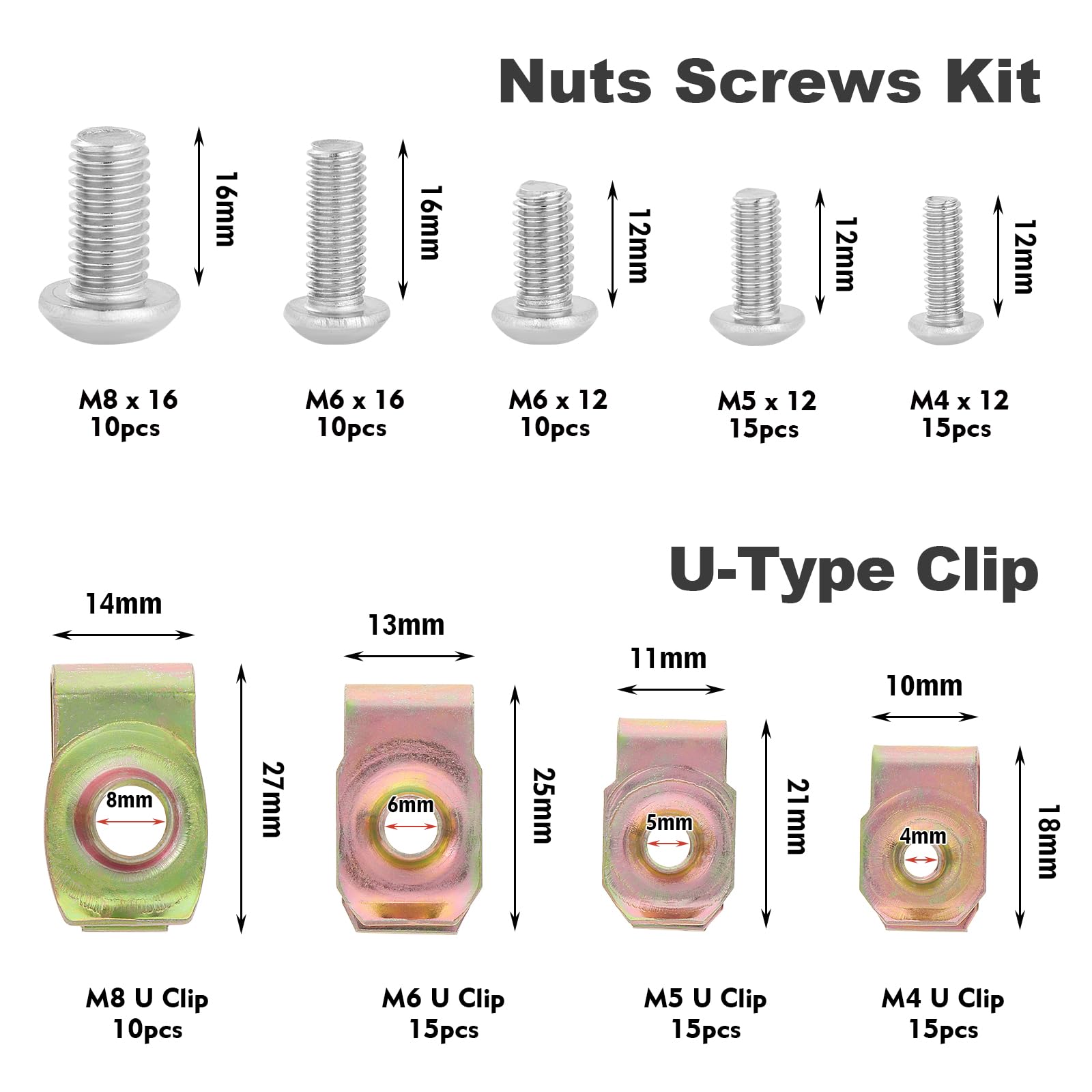 115 piezas U Clips y tornillos Kit,Universal Metal U-Nuts,Grapas de carrocería,Clip de fijación de metal en forma de U, Tornillos de carrocería para alas de coches