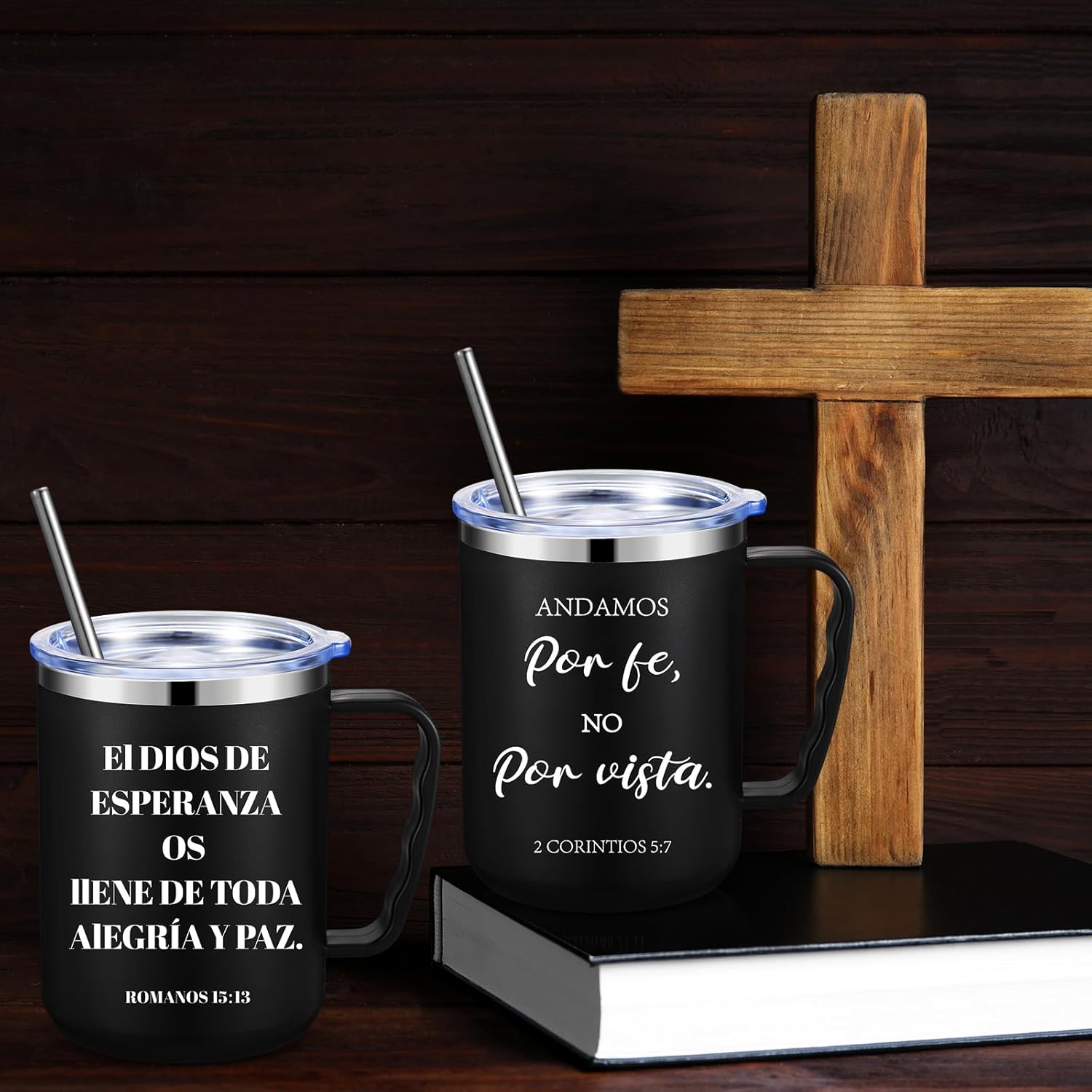 Sieral 12 Pcs Christian Coffee Mugs with Straw Lid 17 oz Religious Bible Verse Cups Stainless Steel Tumbler Employee Appreciation Gifts for Women Men Office Christmas(Black,Spanish) - Image 7