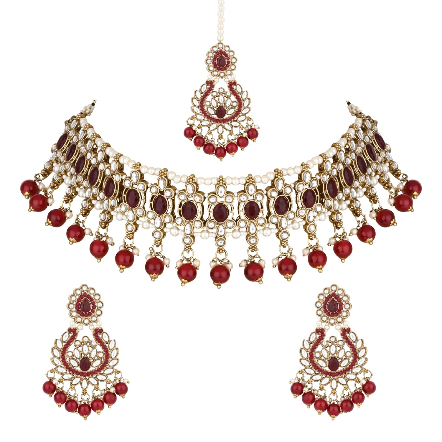I Jewels Gold Plated Traditional Kundan Pearl Drop Choker Necklace Jewellery With Earrings & Maang Tikka Set For Women/Girls (Maroon) (B0DB64W61N) Amazon Price History, Amazon Price Tracker
