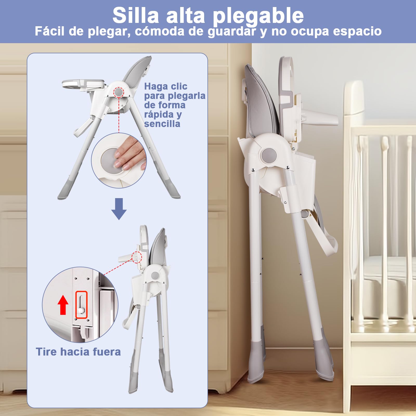 Trona Bebé Evolutiva, Trona para Bebe Ajustable y Reclinable, Plegable con Tabla de Comedor, De 6 a 36 meses, Gris
