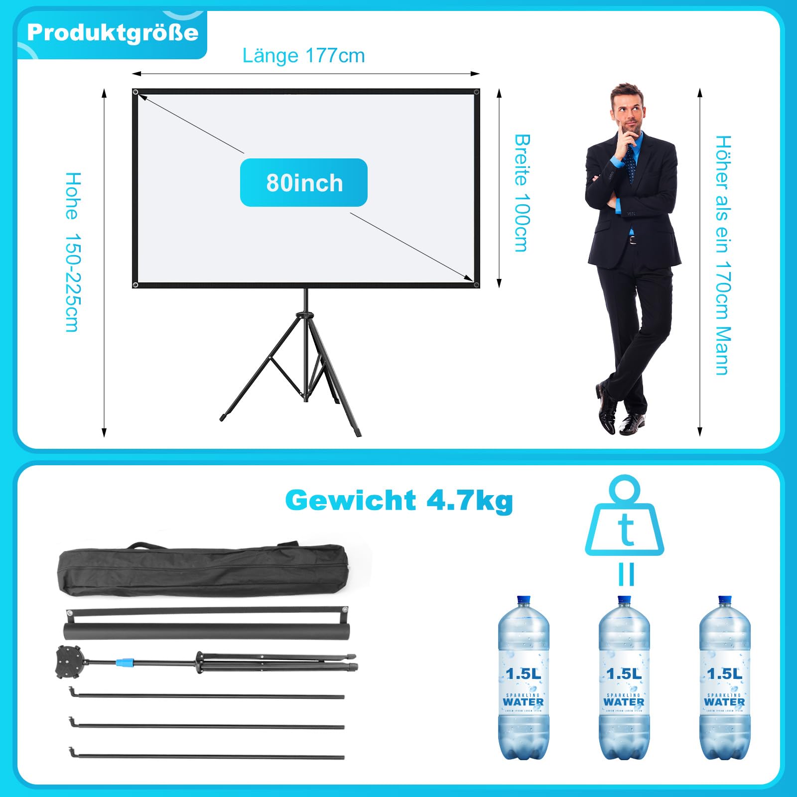 VISULAPEX 80”Grau Leinwand Beamer 16:9 HD, Beamer Leinwand mit Stativ, Ideal für Heimkino Camping und Freizeitveranstaltungen Hinterhof Theater Nächte Tragbare