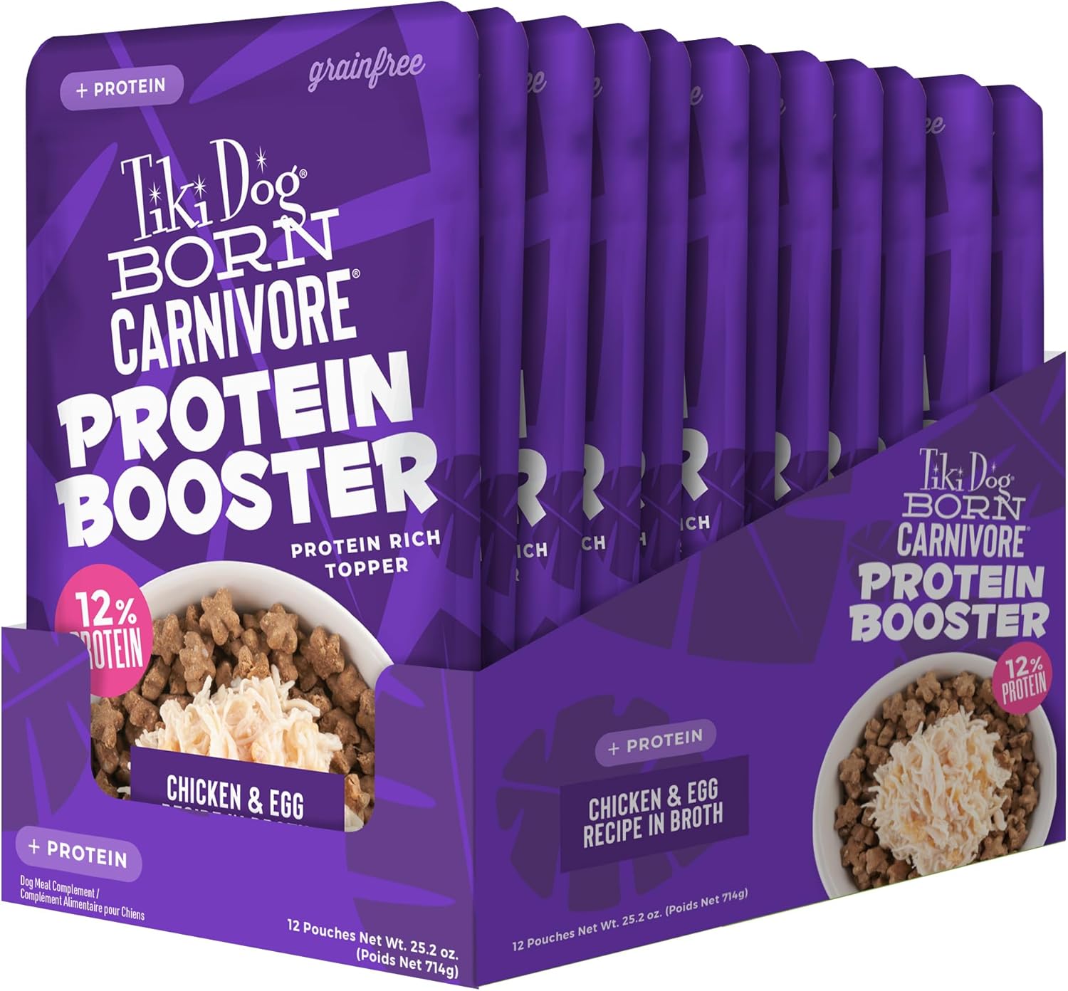 Tiki Dog Born Carnivore Protein Booster Dog Food Topper, Chicken and Egg Recipe in Broth, 2.1 oz. Pouch (12 Count) (Pack of 2)