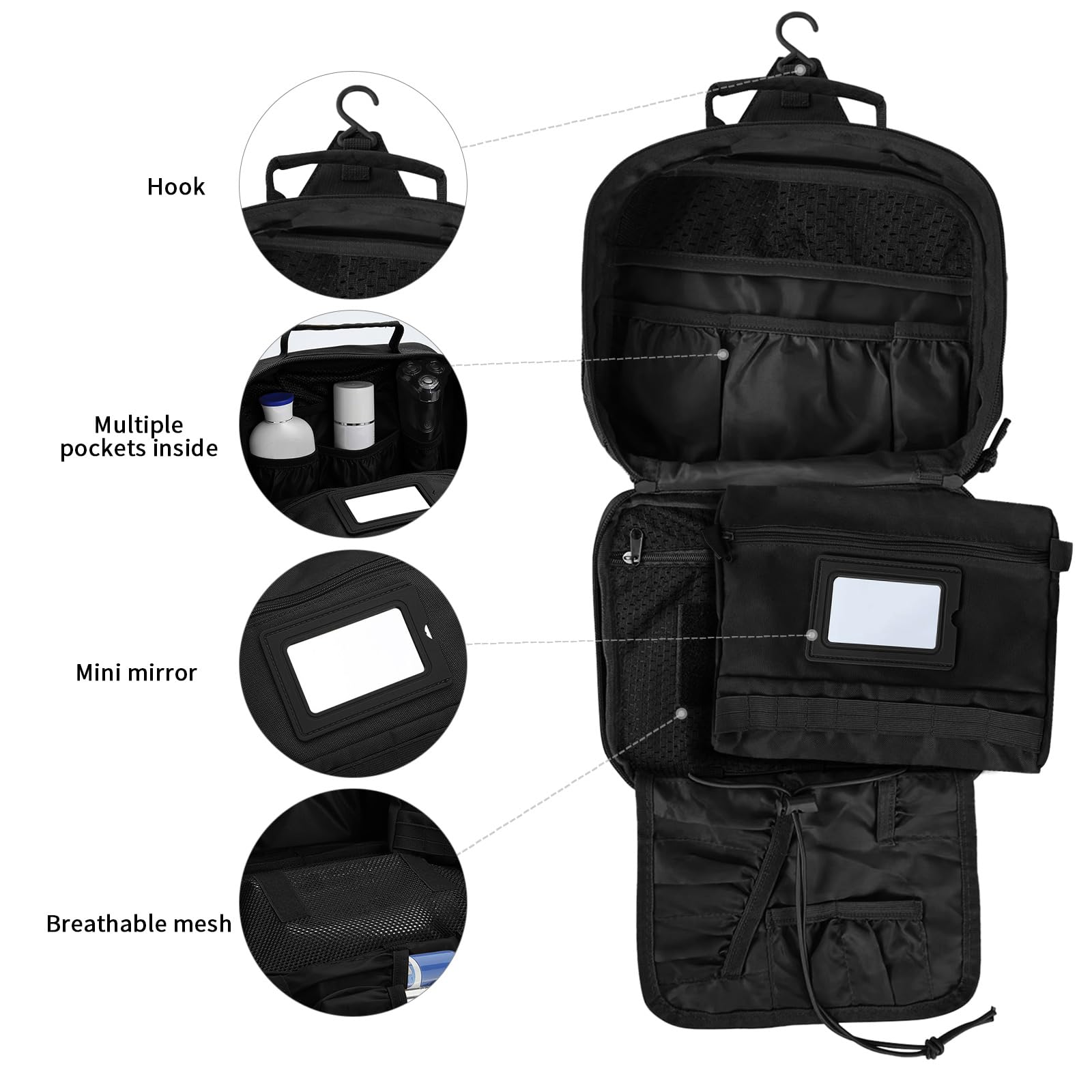SUNRISING Neceser colgante para hombre, organizador de neceser de viaje, kit de aseo personal, bolsa de baño esencial de viaje para hombre, Negro, One Size, Táctica