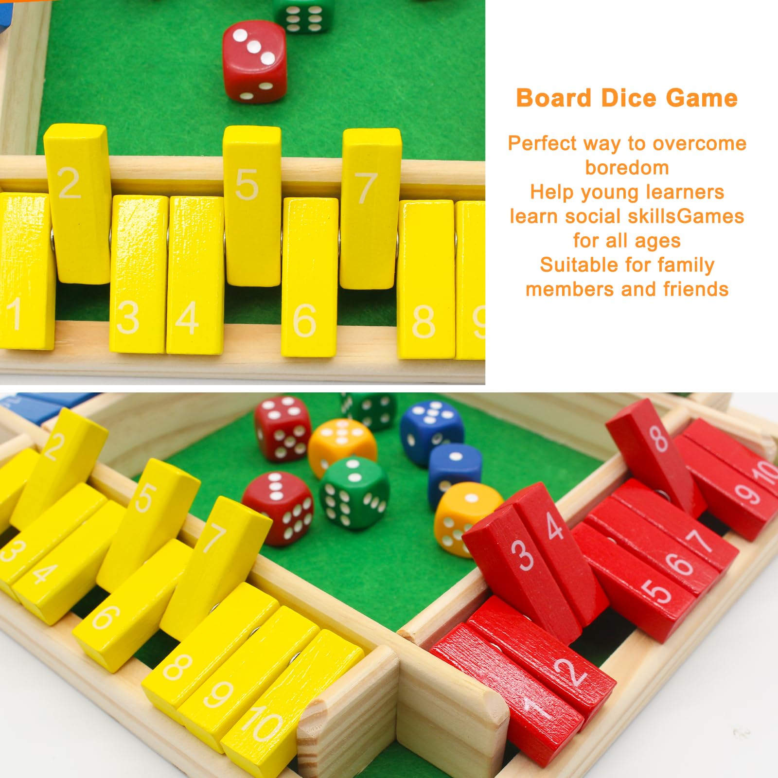 WSGALARY Gioco Da Tavolo Shut The Box In Legno - Per 4 Giocatori - Gioco Educativo Di Matematica Per Bambini E Adulti - Con Feltro Verde E Borsa Porta - 2