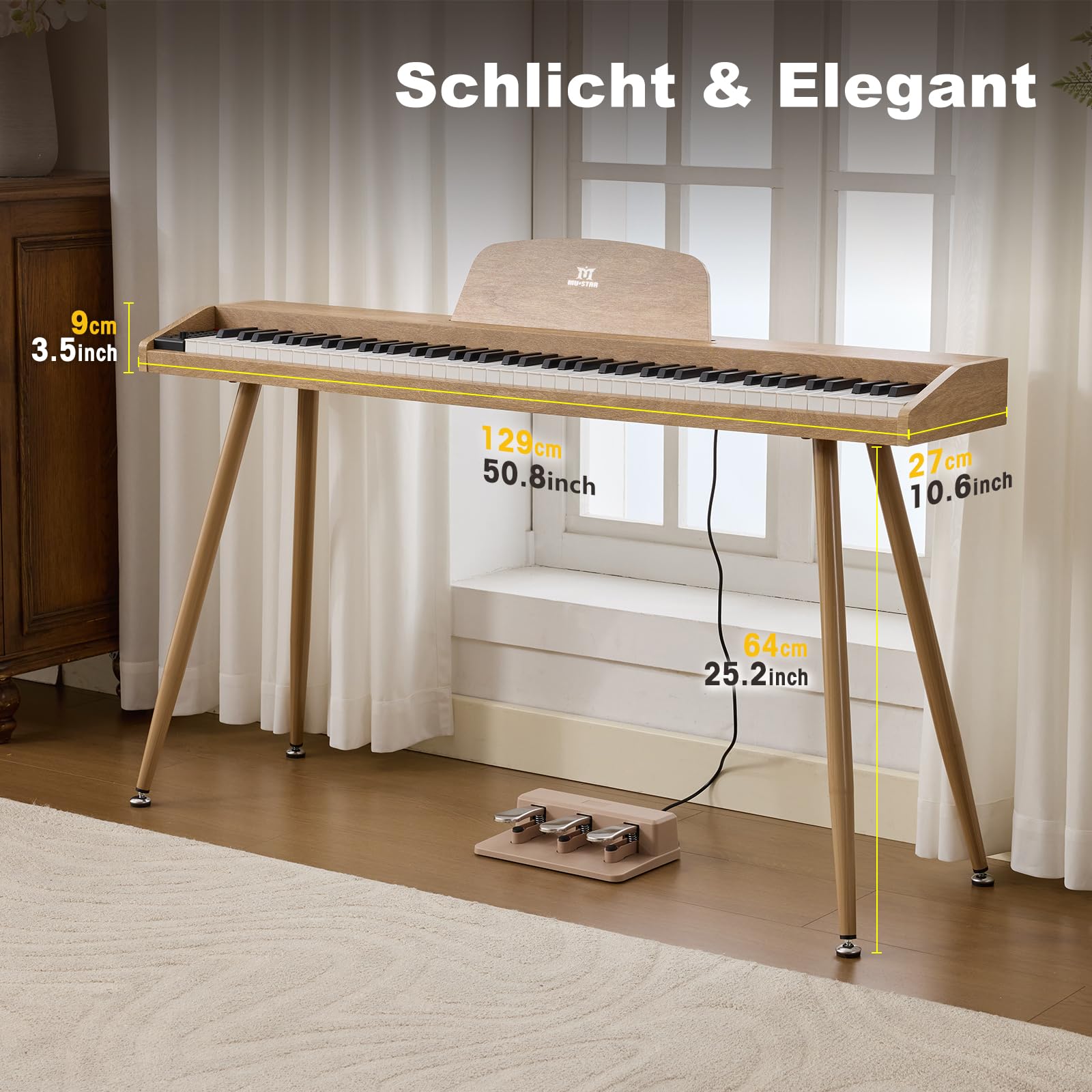MUSTAR Piano digital de 88 teclas con sistema de 3 pedales para