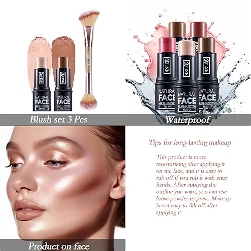 Miniatura 4 de ONXK Lápiz de contorno de crema de maquillaje resaltador, fácil de aplicar, bronceador natural y barra de rubor, no grasa e impermeable, para