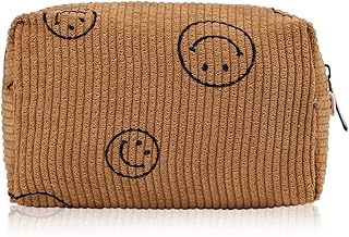 Smiley Face Preppy Makeup Bag, Corduroy Cosmetic Bag Aesthetic Makeup Pouch, Cute Makeup Bag Toiletry Organizer with Zipper for Women