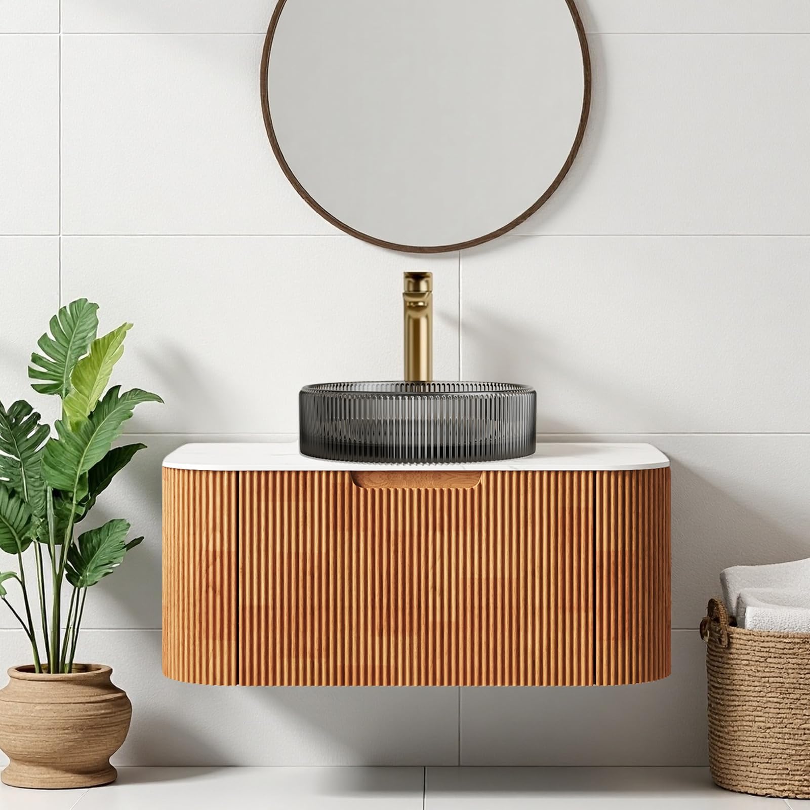 30" Floating Bathroom Vanity with Sink, Modern Bathroom Cabinet with Transparent Black Glass Basin and Ultra-Thin Marble Top, Extra Large Storage Drawer, Soft-Close Design, Nature Wood