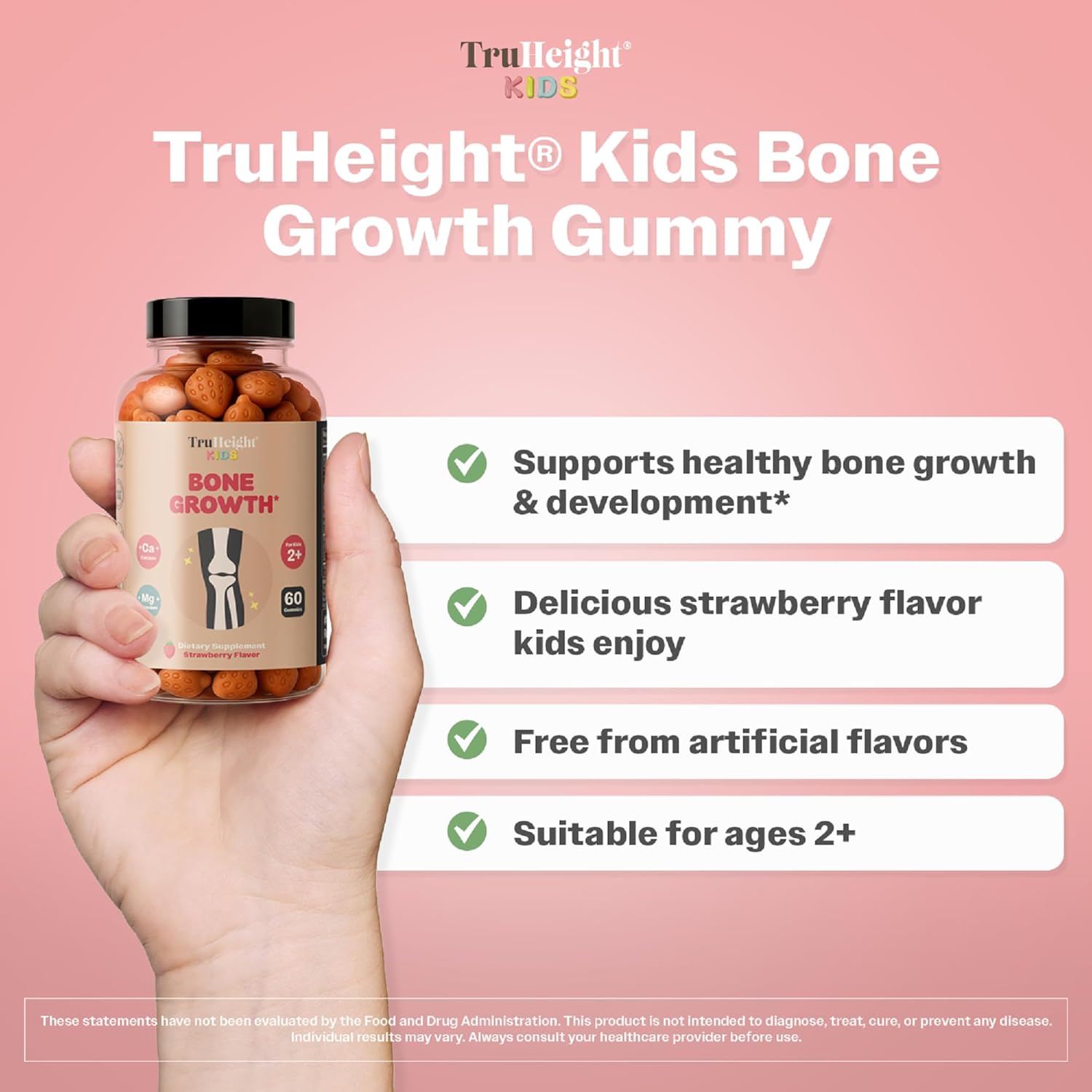 TruHeight Kids Bone Growth Gummies (Strawberry, Ages 2+) Tall Nutrition for Natural Growth for Kids & Toddlers - Vitamin D, Calcium, K, Magnesium Multivitamin, Bone Strength Vitamins, D3 K2, Taller