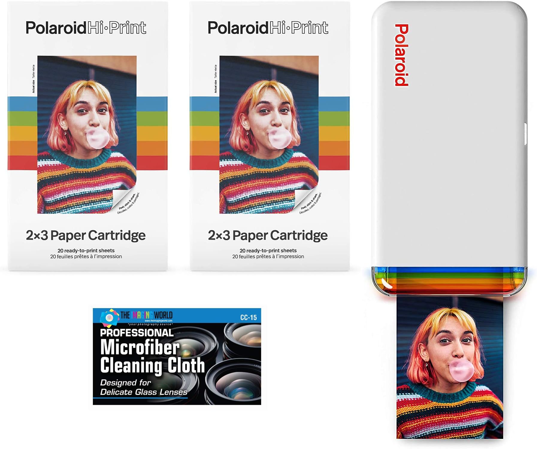 The Imaging World Polaroid Hi-Print - Bluetooth Connected 2x3 Pocket Phone Photo Printer with 2 Polaroid Hi·Print 2x3 Paper Cartridges (40 Sheets) Microfiber Cloth