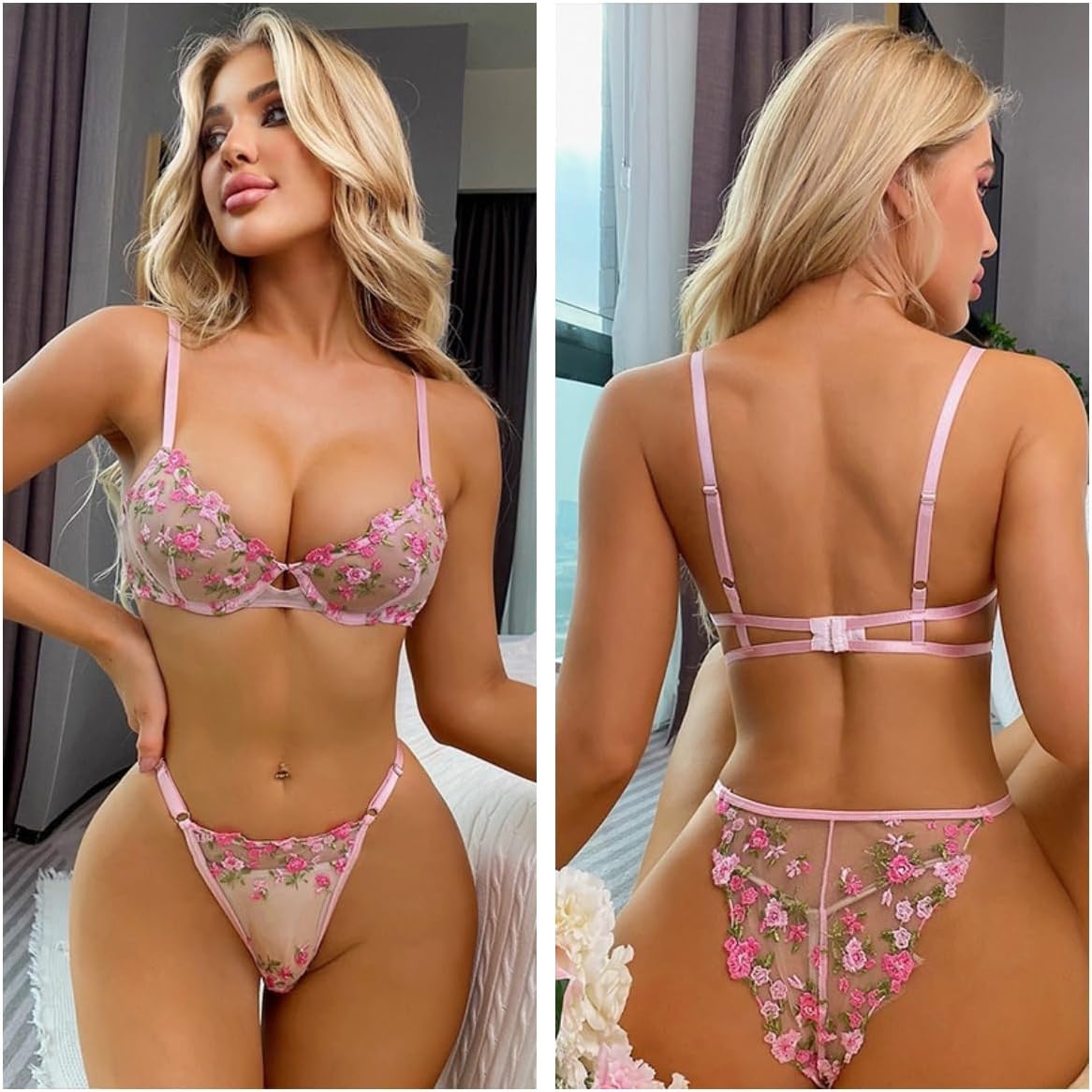 Sexy Lingerie Set for Women 2 Piece Underwired Push Up Bra+G-String Nightwear Lace See-Through Babydoll Underwear - Image 5