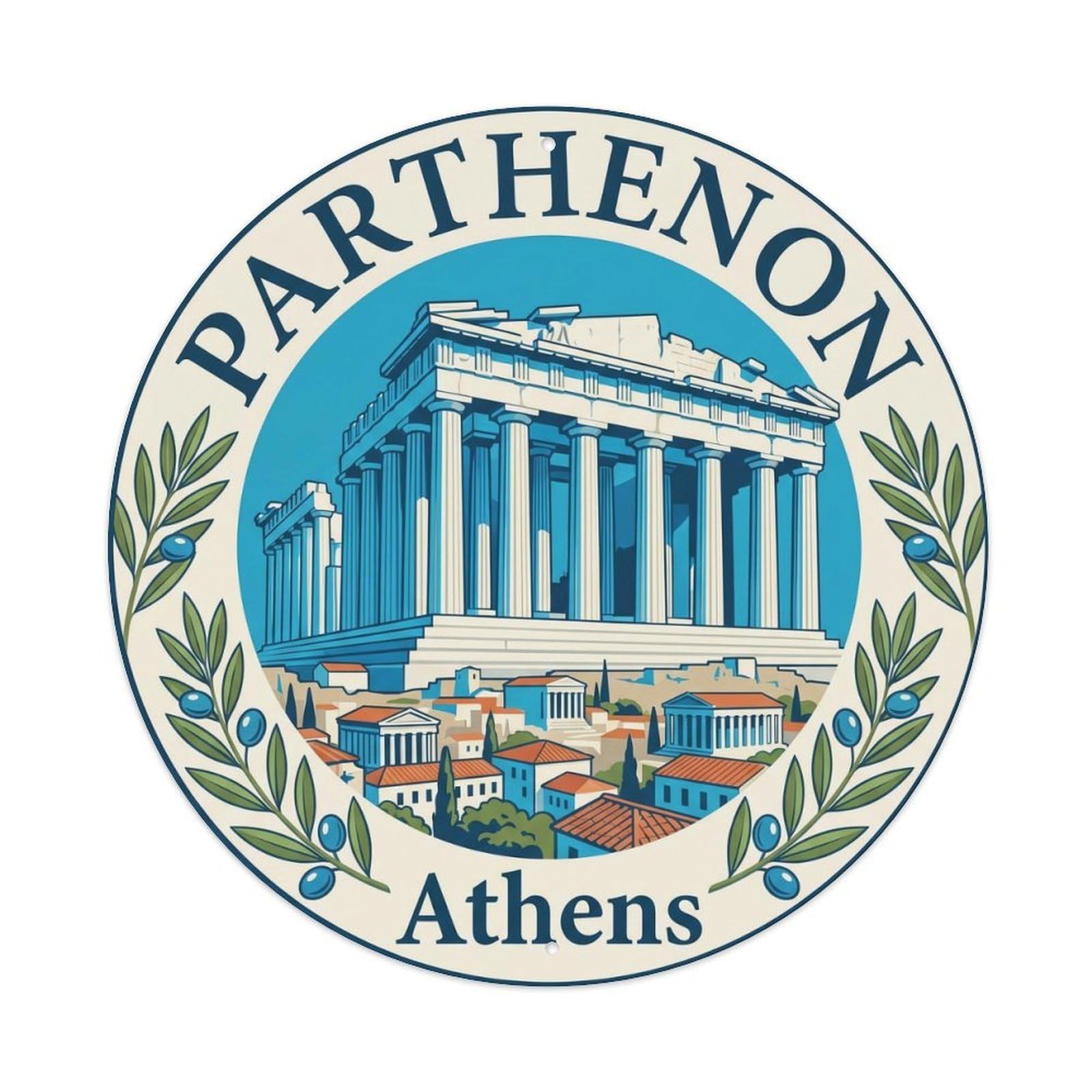Vintage Travel Parthenon Temple Athens Metal Tin Sign Plaque Wall Decor for Cafe, Club, Garden Round Metal Poster 8x8Inch