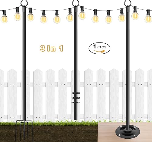 Postes de tira de luces para exteriores de 9 pies, 1 paquete de postes de luz de metal 3 en 1 para colgar luces de cadena, soporte de iluminación