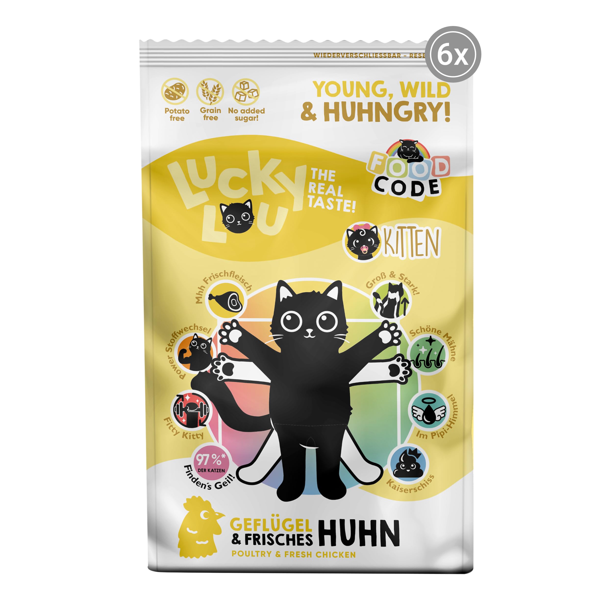 Lucky Lou Kitten Trockenfutter für Junge Katzen - 6 x 750g Geflügel & Huhn - Food Code Katzenfutter trocken für sterilisierte Katzen, ohne Getreide & Zucker