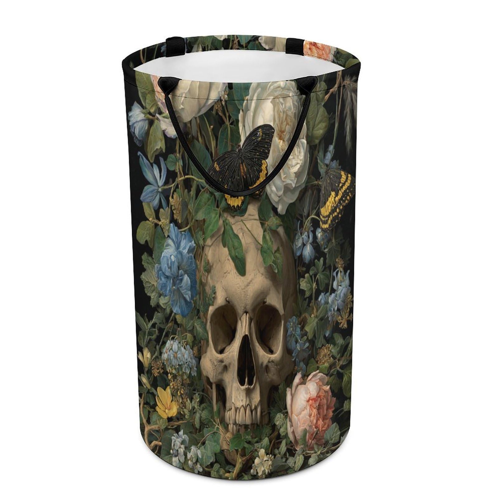 LUYYSKY Elegant Gothic Skull Skeleton Versatile Storage Laundry Basket, Classic Watercolor Rose Flowers Green Leaves Animal Butterfly Large Bathroom Laundry Hamper With Handle-40 CM Dia, 69 CM High