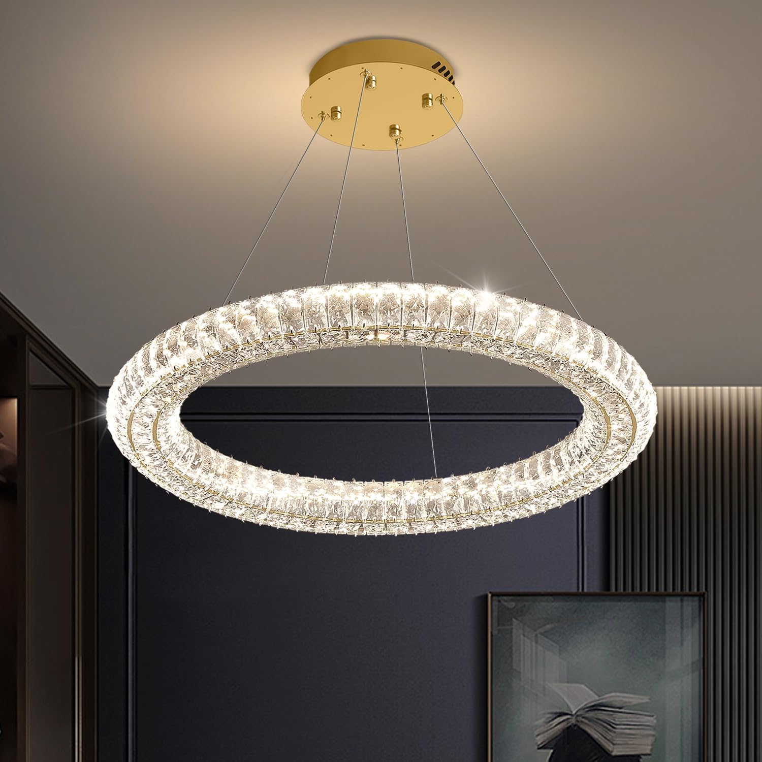 Modern Gold Ring Chandelier Dimmable LED 31.5" Round Crystal Pendant Light Ceiling Fixtures for Dining Room Living Room
