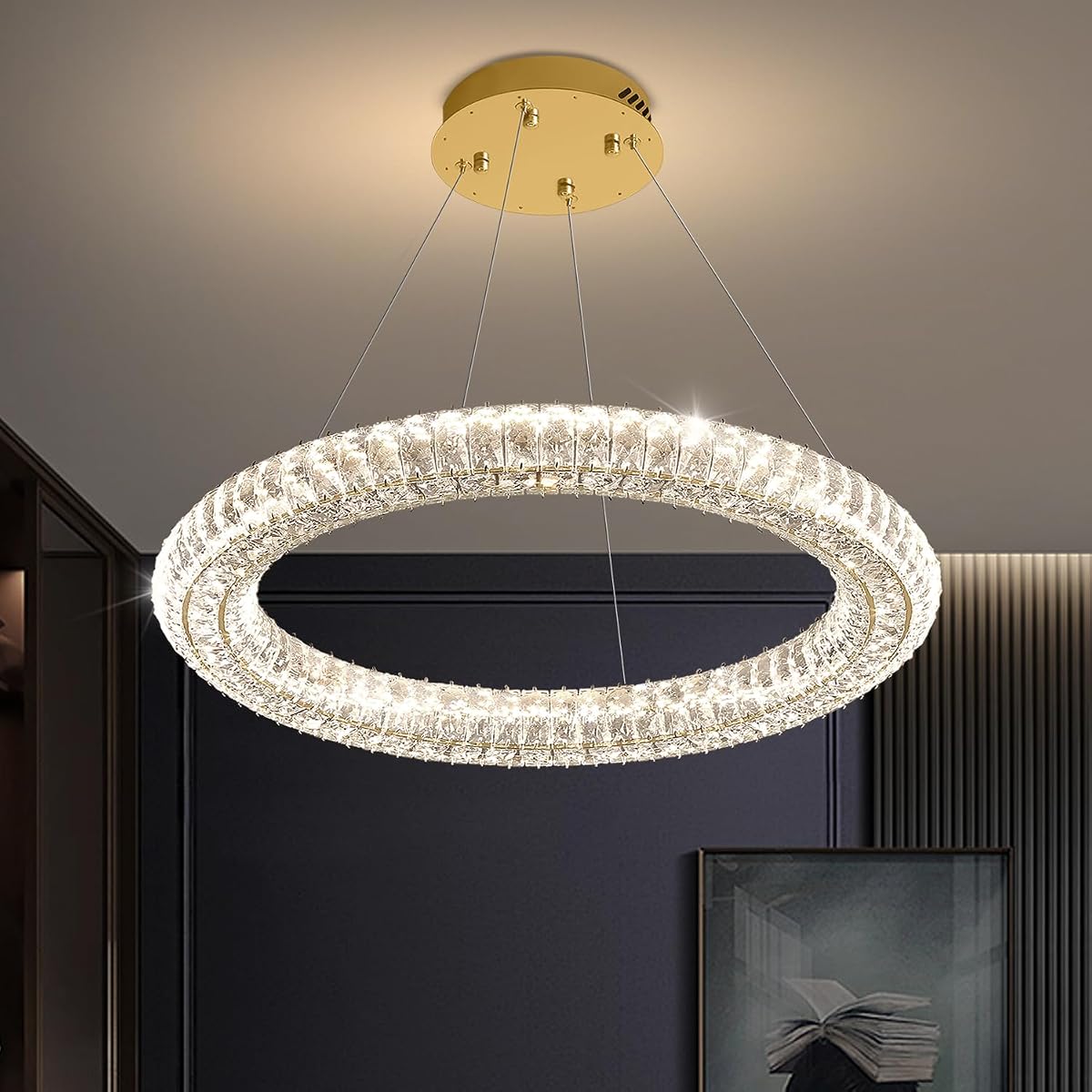 IDEQUY Modern Gold Round Crystal Chandelier, Dimmable LED, 31.5" Pendant Light