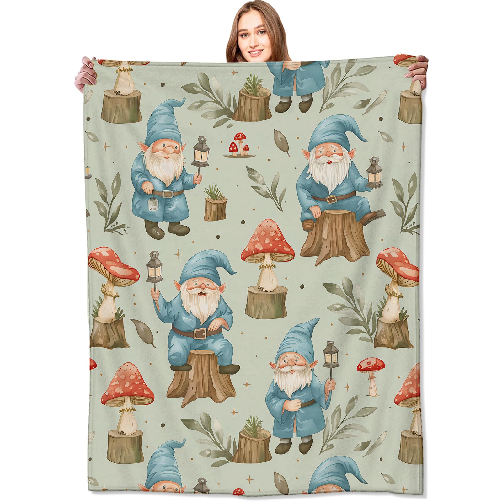 VODRM Woodland Gnome Blanket Cute Gnomes Mushroom Forest Festival Throw Blankets, for Kids & Nature Lovers,Lightweight Soft Fleece for Sofa Couch Bed