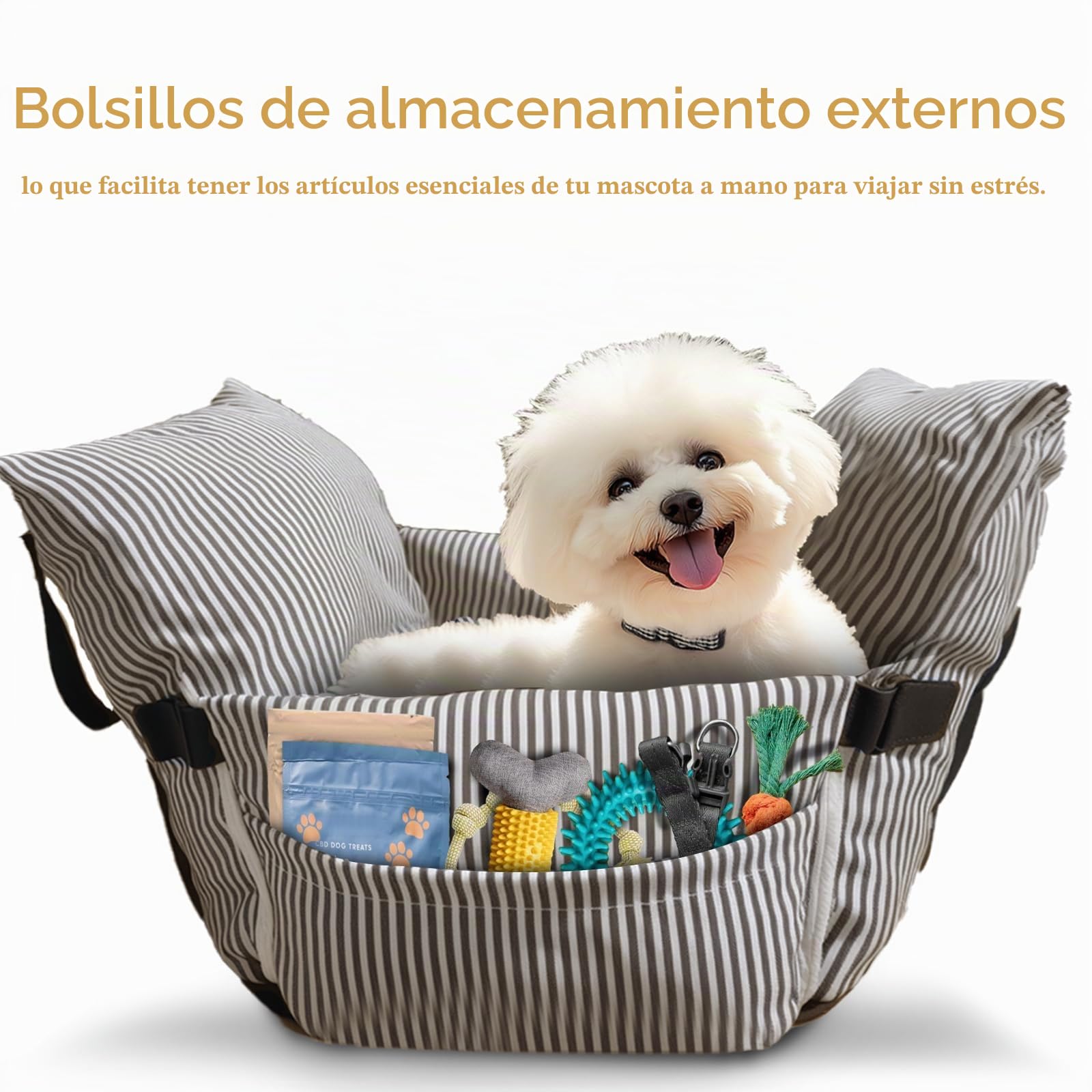 Asiento de coche para perros pequeños y medianos – Asiento elevado para mascotas con cinturón de seguridad, base antideslizante y bolsillos de almacenamiento para viajes en coche, 52 x 52 cm