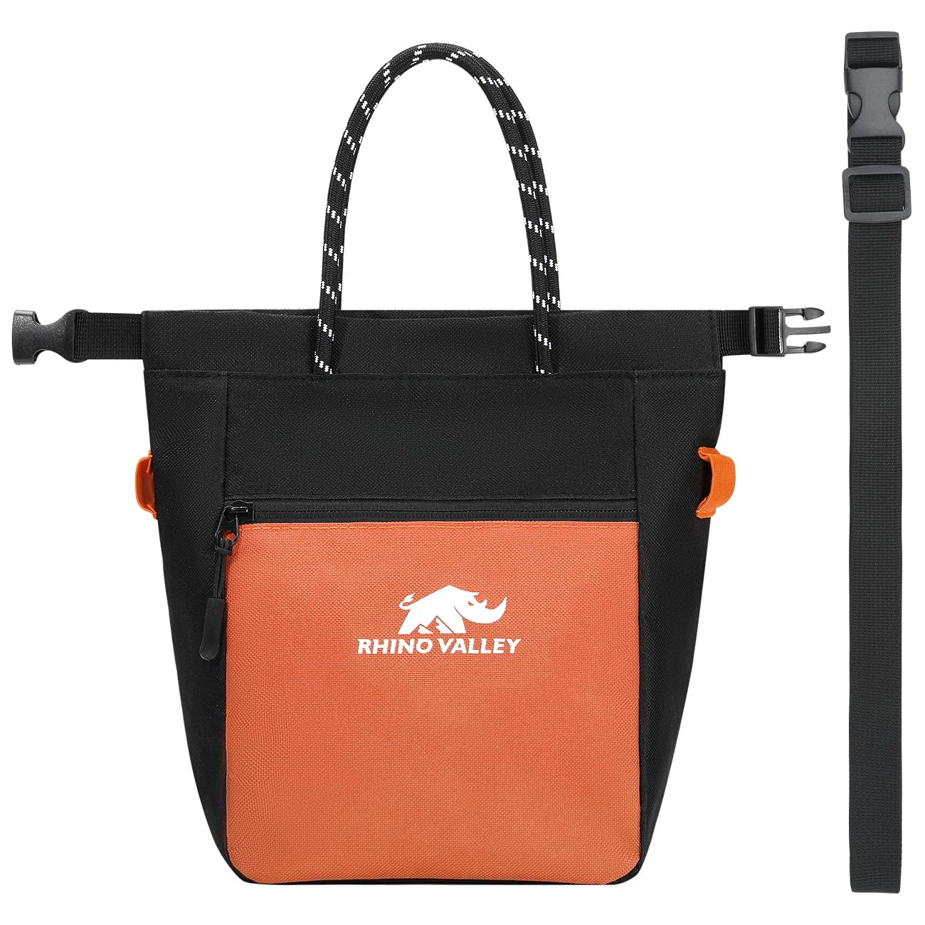 Rhino Valley Torba na Magnezję do Wspinaczki i Boulderingu (Chalk Bag)–Paskiem Regulowanym, Kieszeń na Zamek, Szerokie Otwarcie, Torba na Kredę Boulder, Gimnastyki i Fitness, Czarny/Pomarańczowy