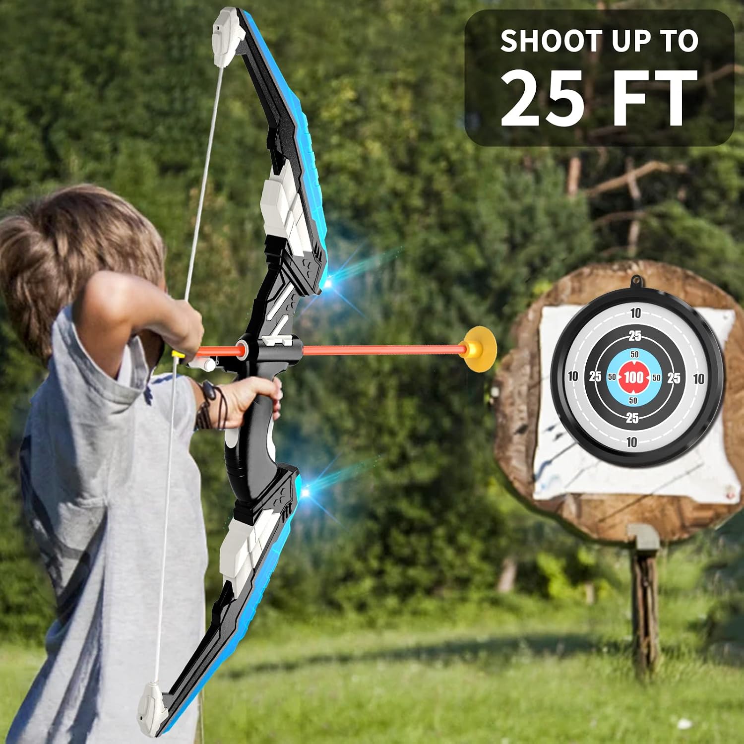 Bow and Arrow for Kids, Kids Archery Set with Light-up LED Includes 10 Suction Cup Arrows, Target & Quiver, Indoor & Outdoor Kids Archery Boys Toys Gifts for 3 4 5 6 7 8-12 Years Old Boys Girls