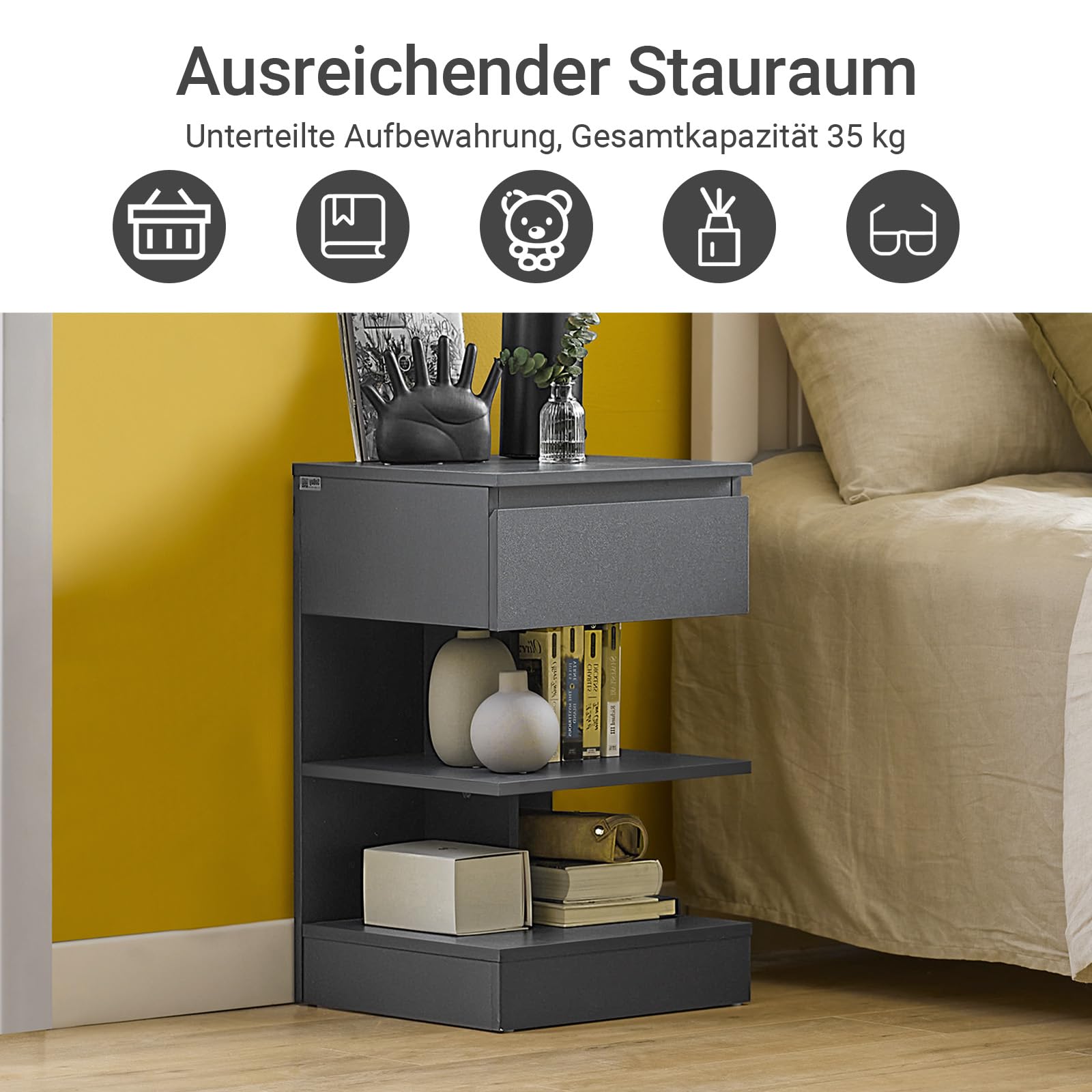 SoBuy Nachttisch mit 1 Schublade & 2 Ablagen, 39x39x65cm