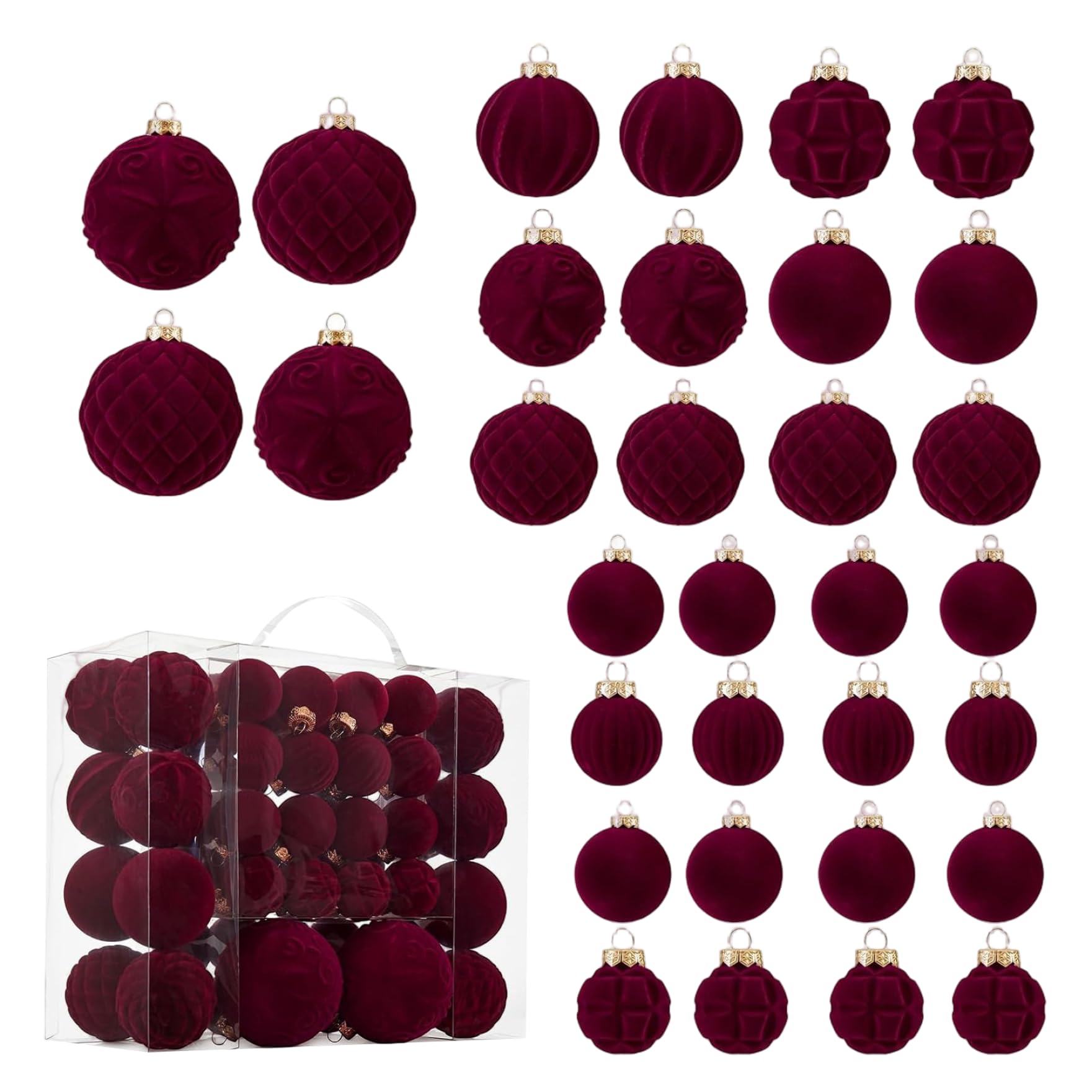 Peosaard Wine Red Christmas Ball Ornaments, 46Pcs Velvet Christmas Ornaments 3 Sizes Vintage Shatterproof Flocked Ball For Xmas Tree Holiday Wedding Party Balls
