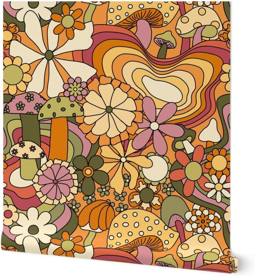 Spoonflower Peel & Stick Wallpaper Swatch - Groovy Mushroom Garden Custom Removable Wallpaper