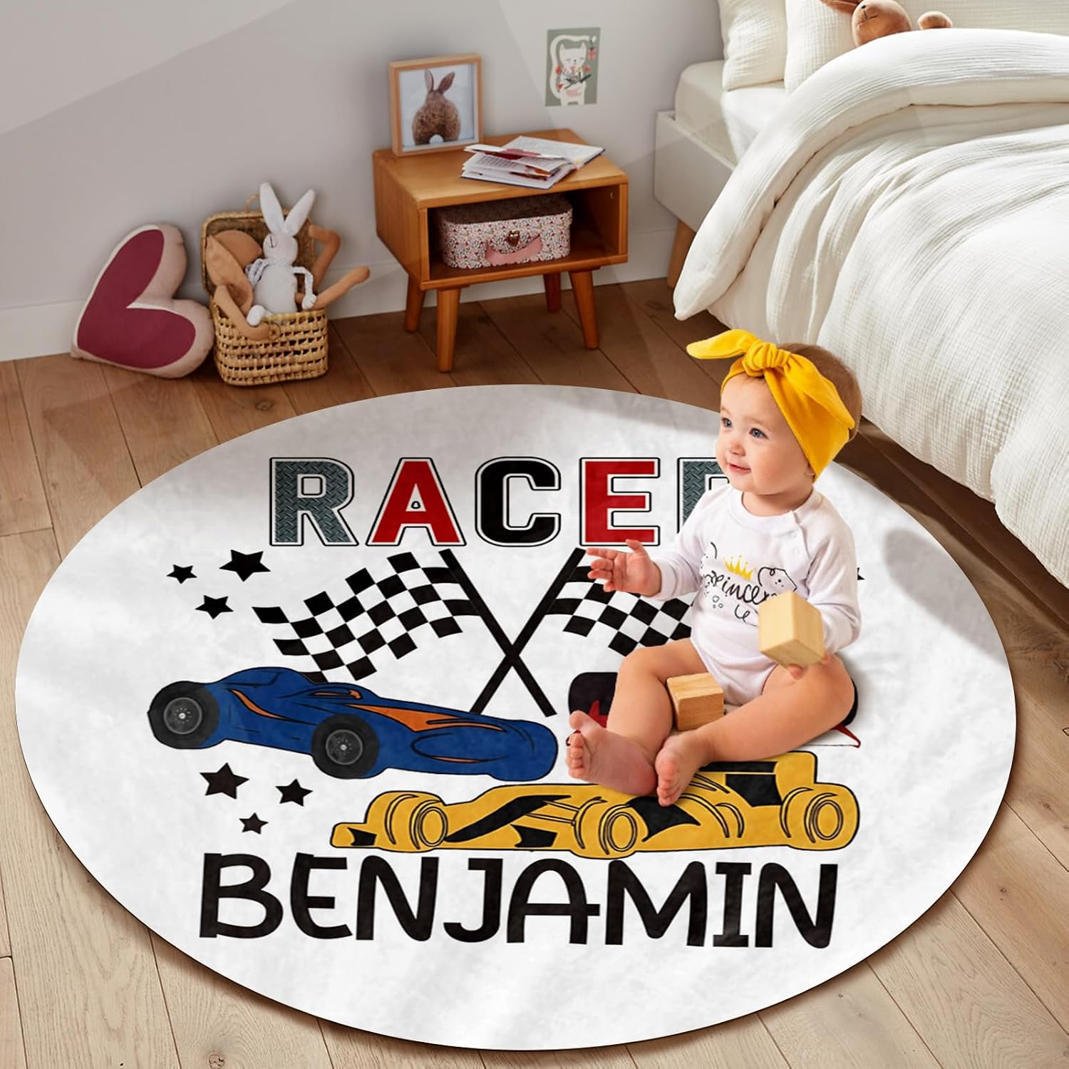 Custom Name Baby Rug for Boys & Girls - Tummy Time, Crawling Mat, Round Rug - Fits Nursery & Bedroom - Racing Car (39.37"X39.37")
