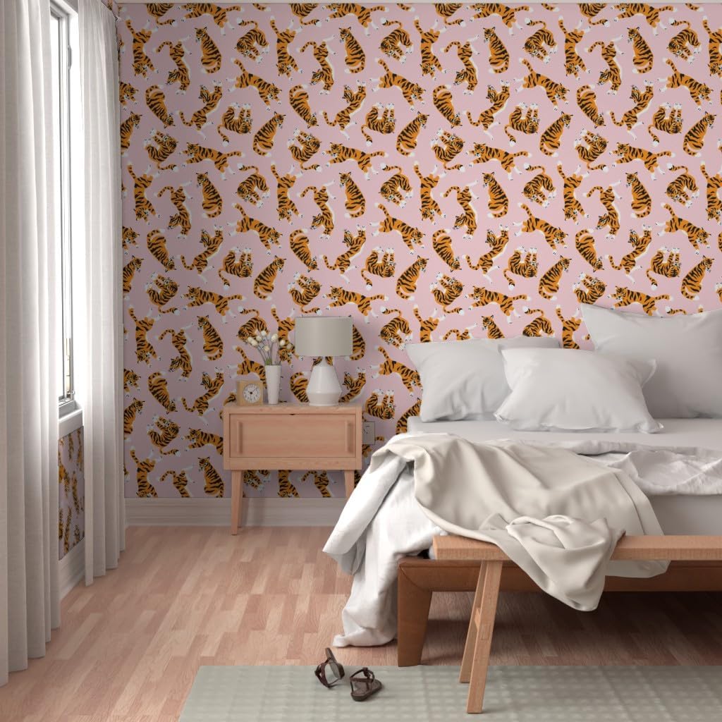 Peel & Stick Wallpaper 3ft x 2ft - Pink Zoo Tiger Cat Tropical Hand Drawn Large Wild Safari Animal Tropic Jungle Exotic Girly Custom Removable Wallpaper by Spoonflower