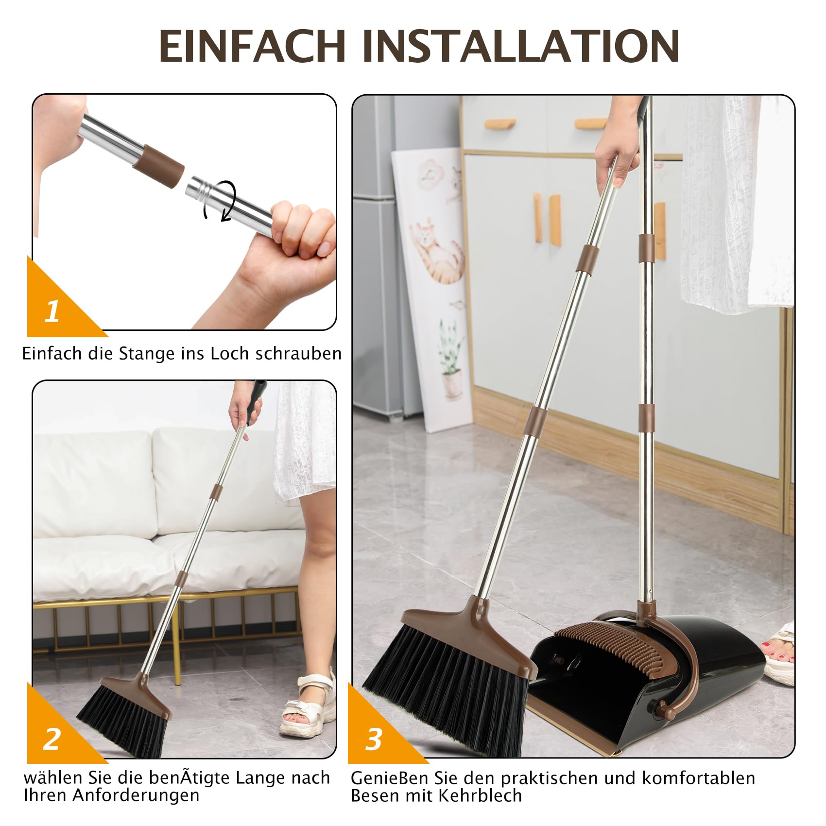 Juego de escoba y recogedor con mango largo extensible, escoba con pala para limpieza del hogar oficina (negro marrón)