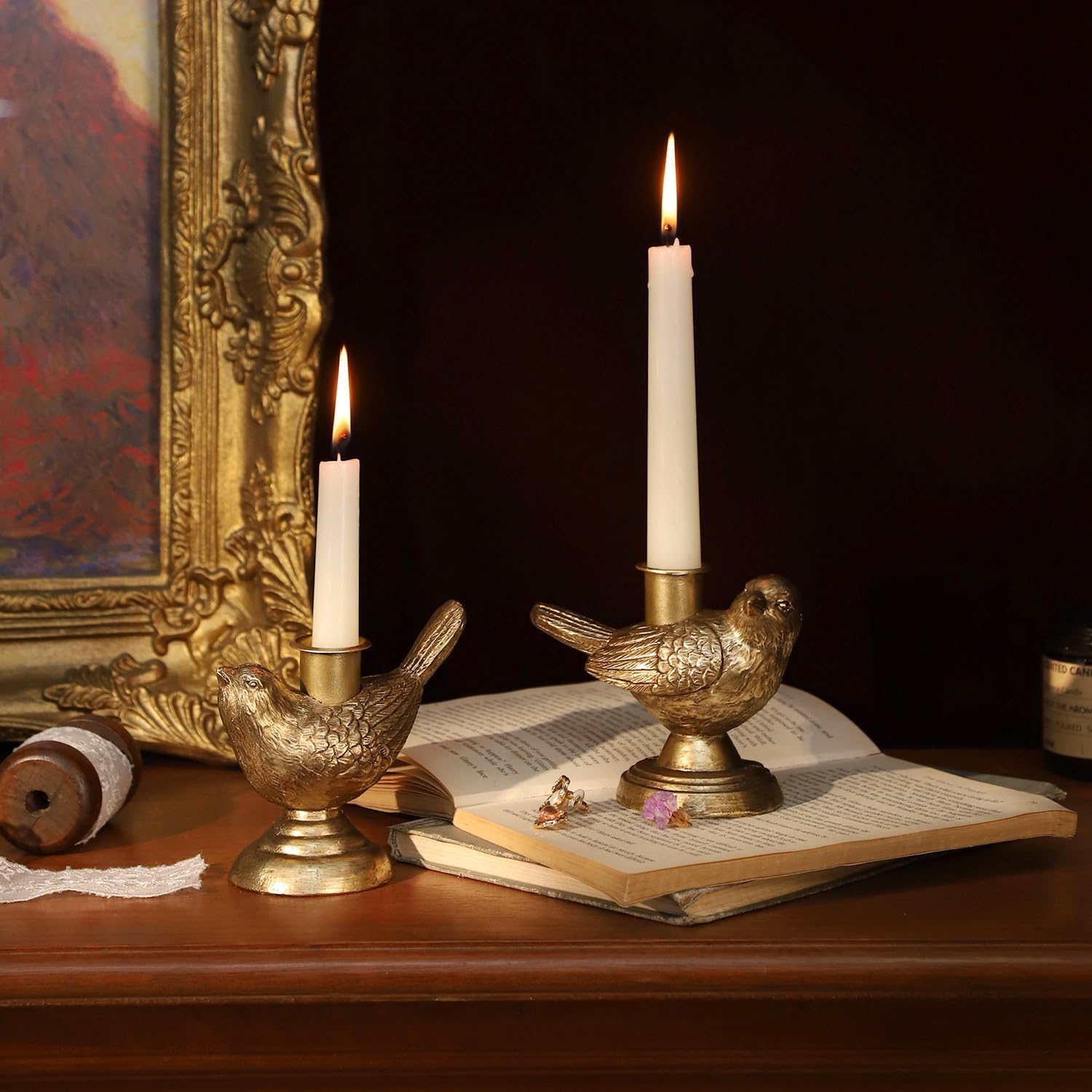 NIKKY HOME Taper Candle Holders Set of 2, Gold Birds Decor, Vintage Candlesticks Pedestal, Centerpieces Decorations for Fireplace Mantle Dining Table