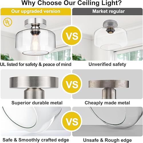 Miniatura 3 de Lynnoland Lámpara de techo industrial semiempotrada de níquel cepillado, lámpara de techo con pantalla de vidrio transparente, lámpara de granja