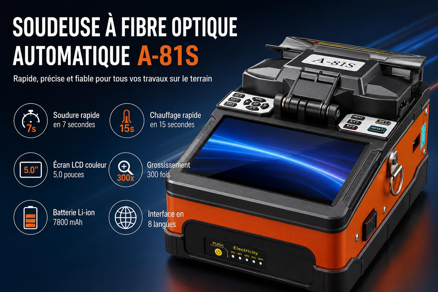 Soudeuse Fibre Optique FTTH 4 Moteurs – Alignement Cœur à Cœur – Écran Tactile 5 Pouces – Épissure 6s / Chauffage 15s – Compatible G652 G657 – Kit Complet