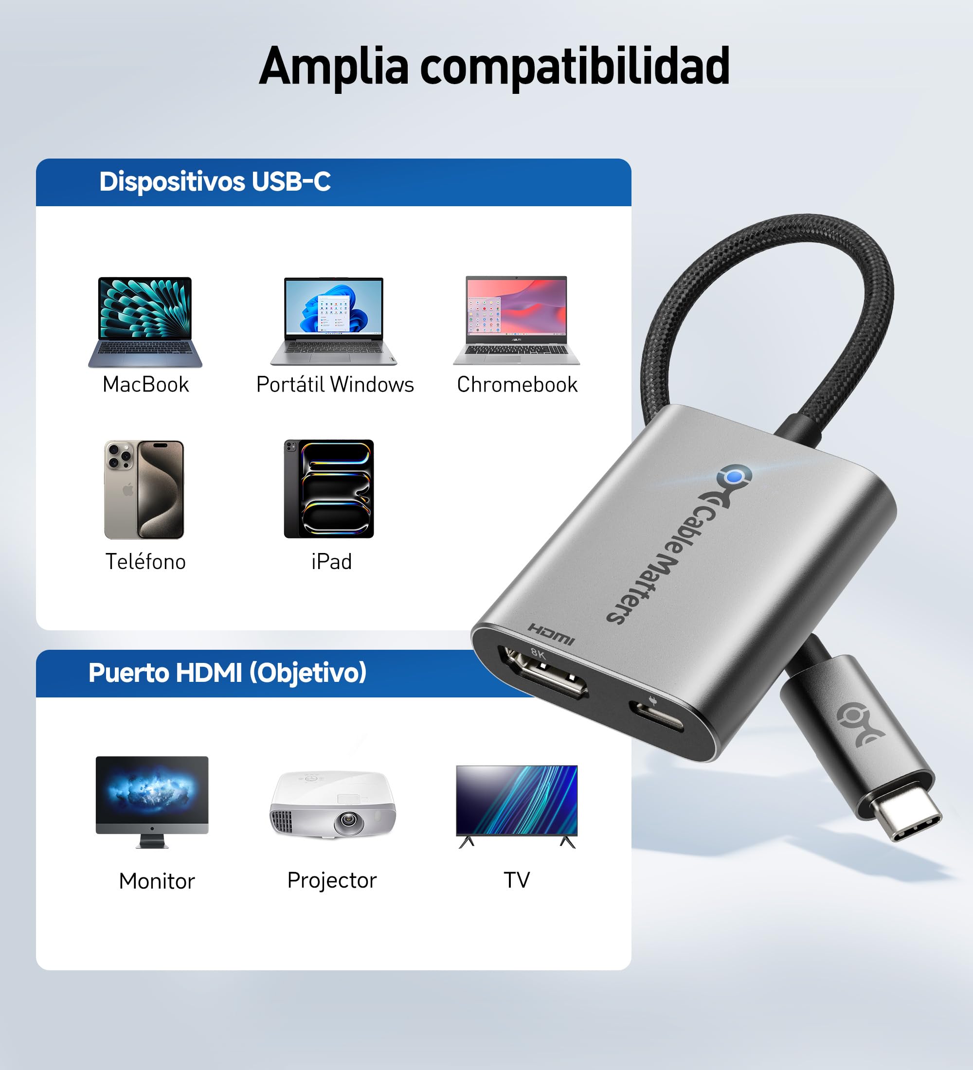 Cable Matters Adaptador USB C a HDMI 2.1 de 48 Gbps con carga de 140 W para MacOS, Windows, soporta [4K a 240Hz /8K a 60Hz HDR], adaptador Thunderbolt 4 a HDMI, compatible con MacBook, portátiles
