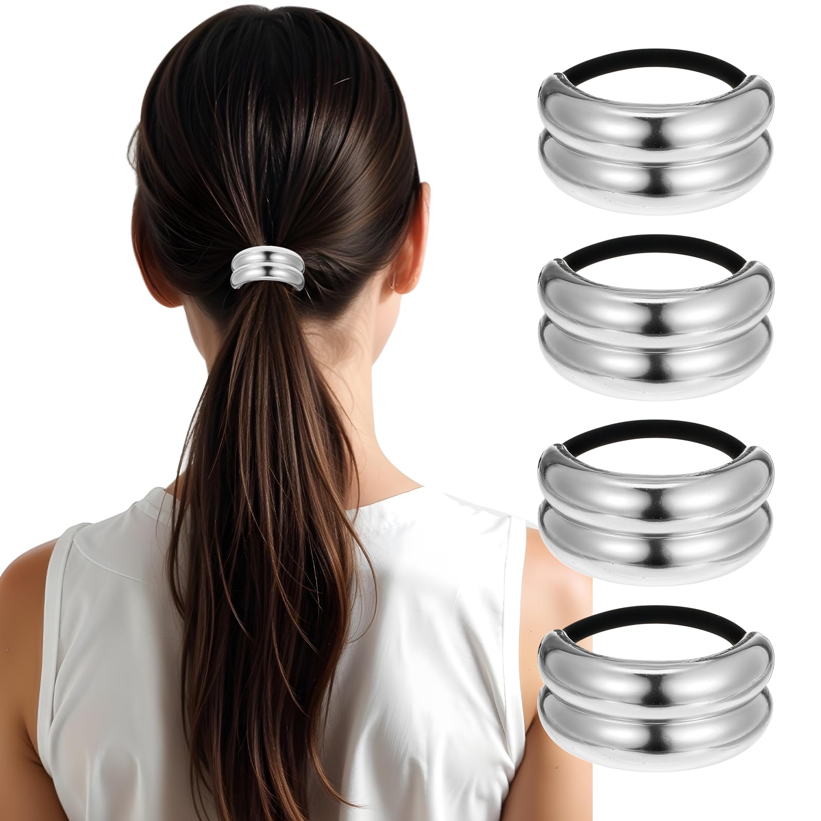 Photo 1 of ** 2 PCS SEEM TO HAVE DAMAGE *** Ymapinc 4Pcs Sliver Hair Ties for Women Ponytail Holder, Elastic Durable Metal Hair Band for Daily Wear, Work Party Decoration