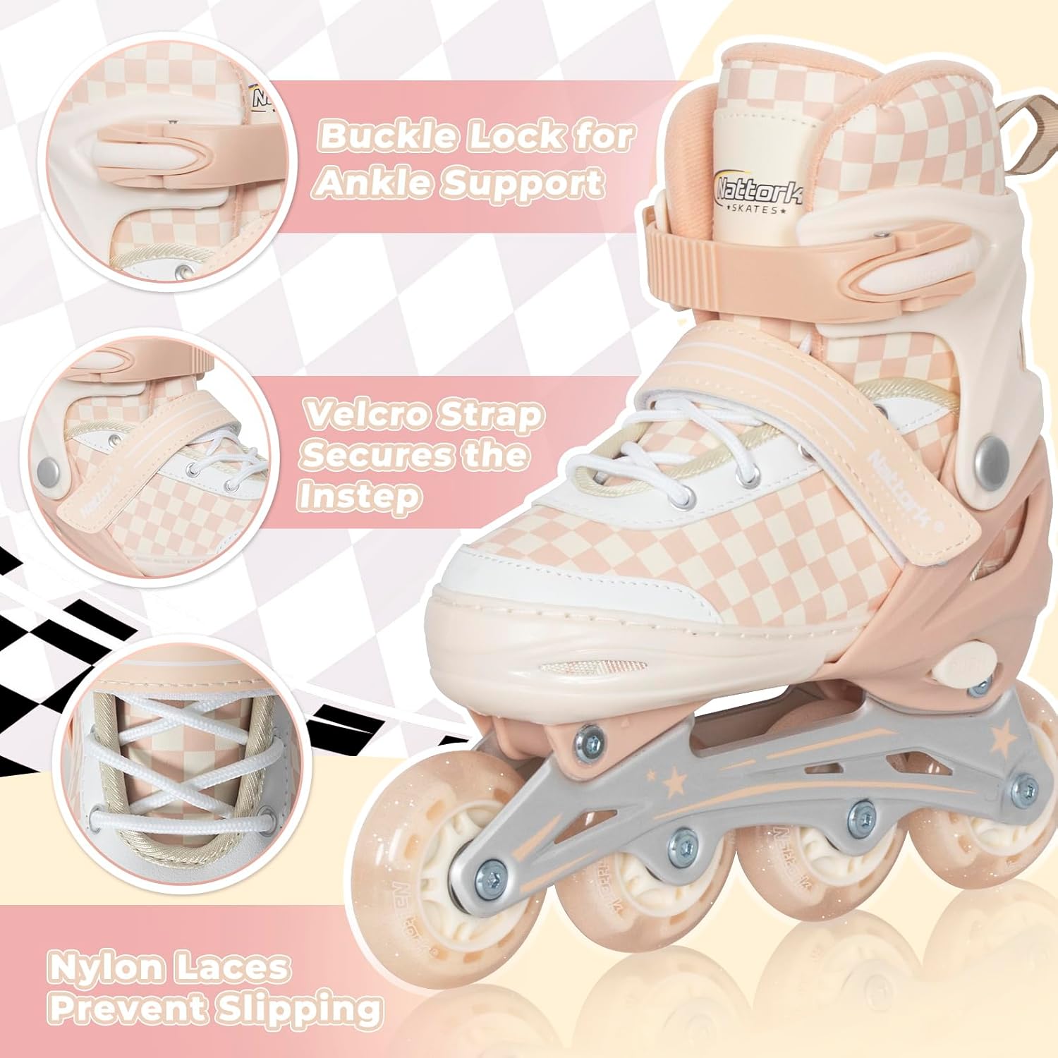 Nattork Adjustable Inline Skates for Kids Teens, Illuminating Wheels Blades Roller Skates with Checkerboard Design for Boys Girls