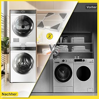 Universal Stacking Kit for Washer and Dryer with 4 hooks, Adjustable Stacking Shelf Kit Fit for 45-70cm Washing Machine and Tumble Dryers with Ratchet Ropes and Anti Vibration Feet