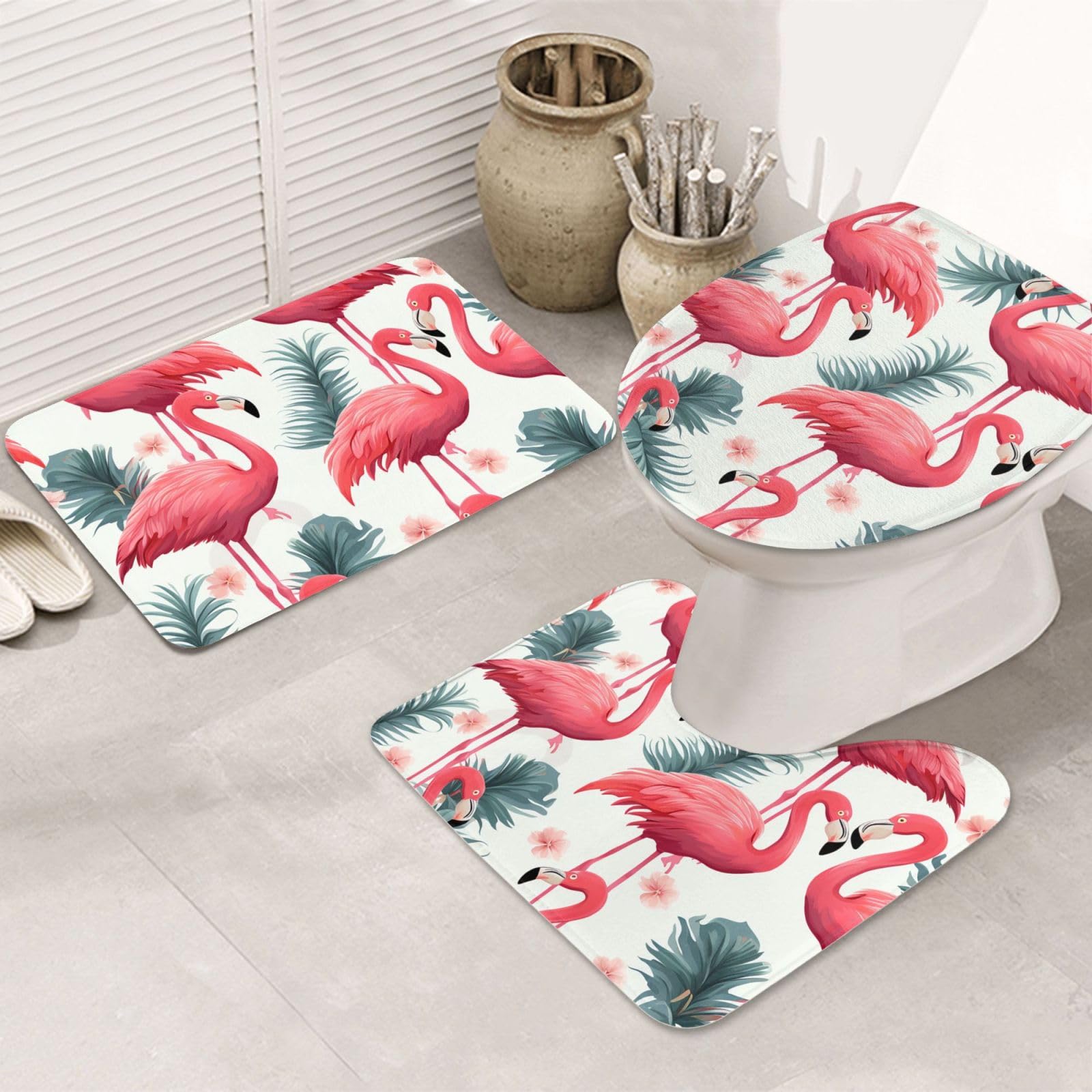 Set di 3 tappetini da bagno con motivo fenicottero rosa in flanella morbida antiscivolo con coperchio per la decorazione della casa