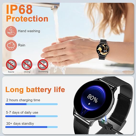 Jugeman Smart Watch for Women, 1.32'' AMOLED Ultra-Clear Screen, 2026 Fitness Trackers with Heart Rate/Sleep/SpO2 Monitor, IP68 Waterproof,100+ Sports Mode, Smartwatch for Android iOS Black