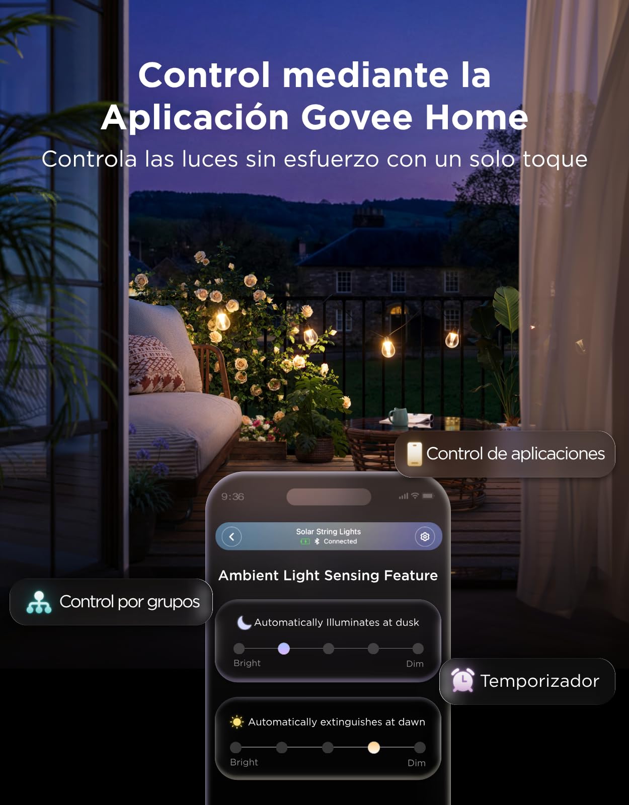 Govee Guirnaldas Luces Exterior Solar 10m, RGBICW con 16M de Colores, 50lm | 112 Modos Escena y Control App, Solo Bluetooth, 8 LED Regulables Irrompibles, 4800mAh, IP67 para Jardín, Terraza, Balcon