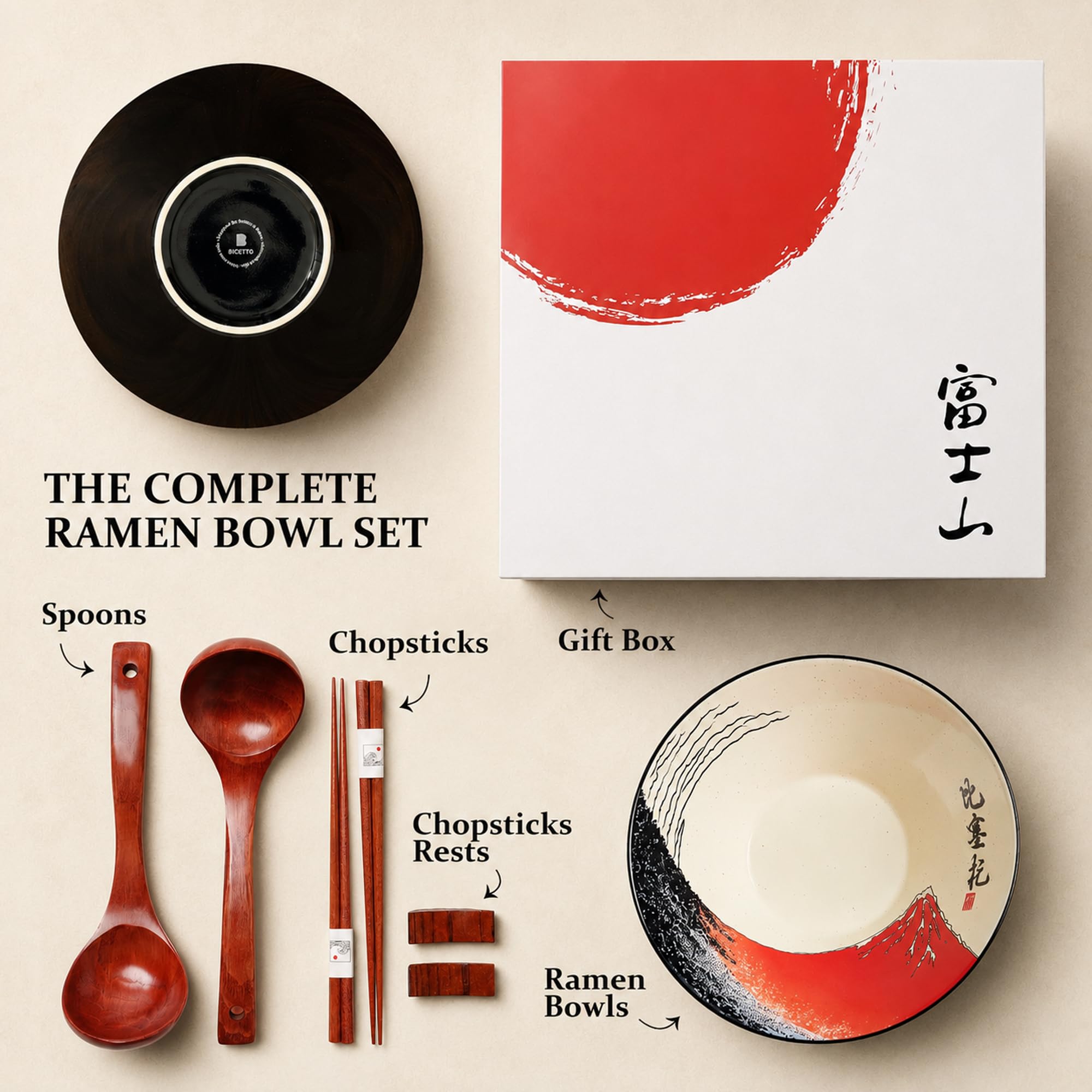 BICETTO Juego de cuencos japoneses para ramen con diseño Fuji rojo, cuencos grandes de cerámica de 60 onzas, cucharas, palillos para ramen, ensalada, poke, regalo premium para los amantes del ramen,