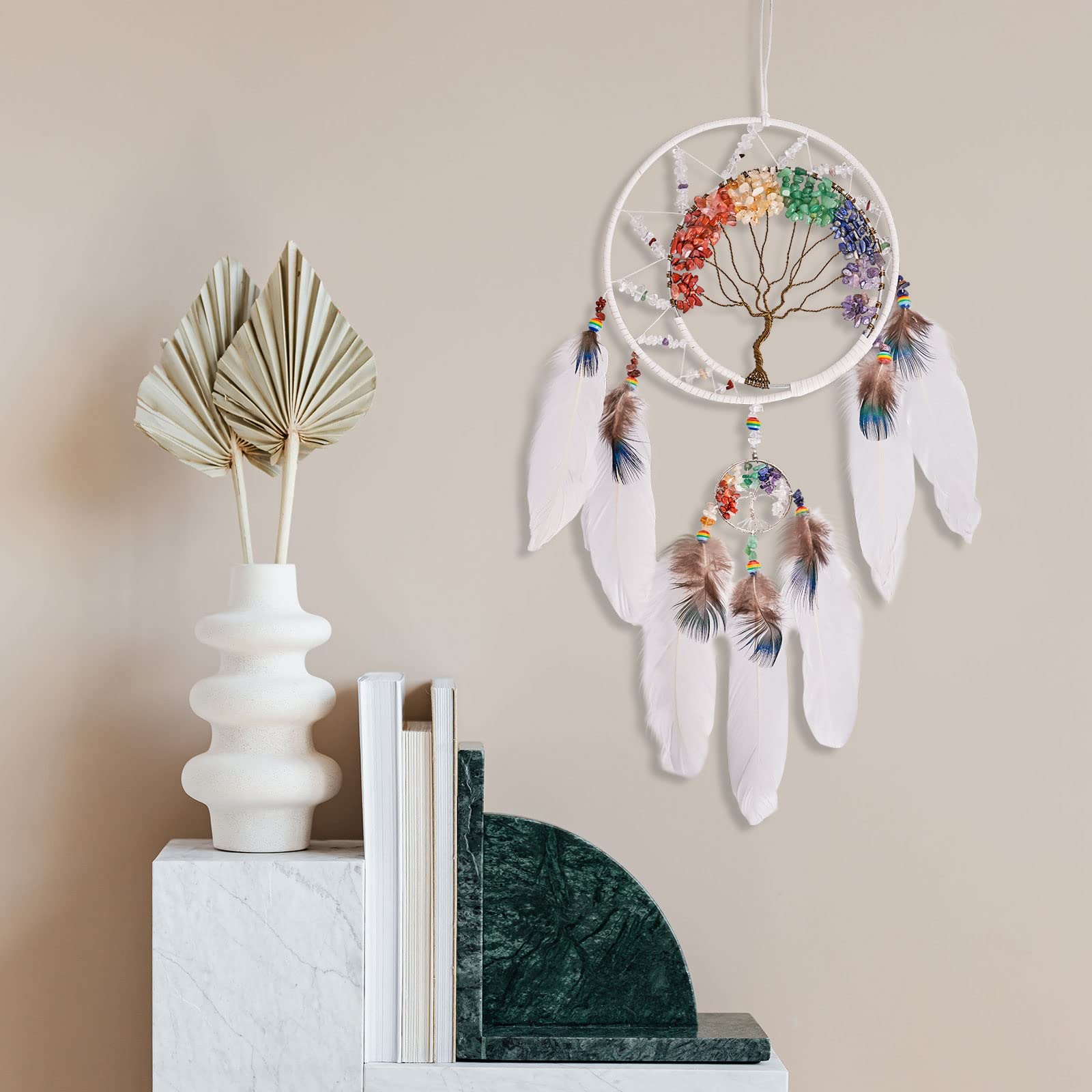 7 chakra's witte levensboom dromenvanger wanddecoratie met regenboog genezing kristal steen handgemaakte kunst veer dromenvanger muur hangend ornament voor slaapkamer decoratie zegen cadeau