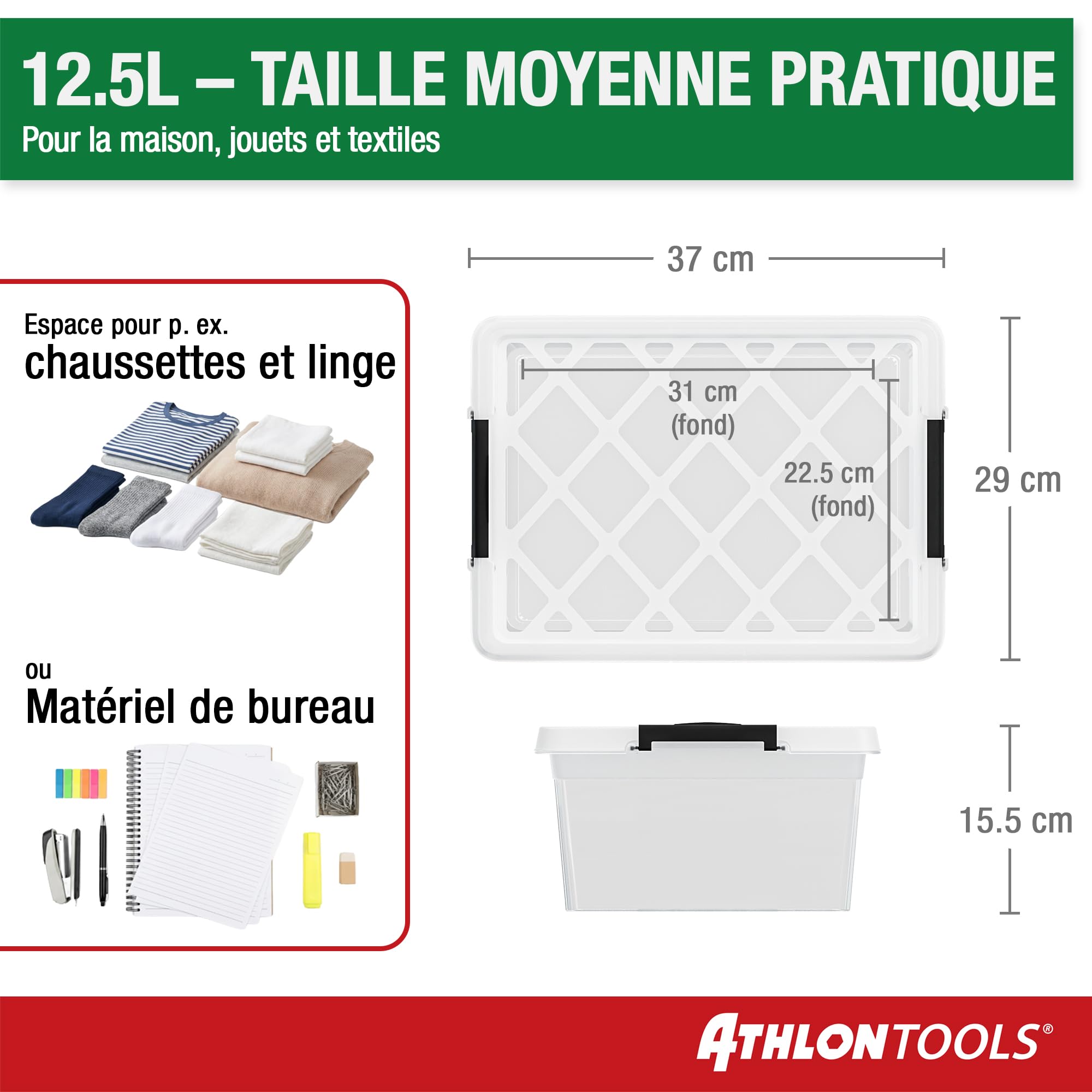 ATHLON TOOLS 4 boîtes de rangement de 12,5 l avec couvercle, de qualité alimentaire, clips de fermeture, 100% neuf, boîte en plastique transparente, boîtes à vêtements empilables