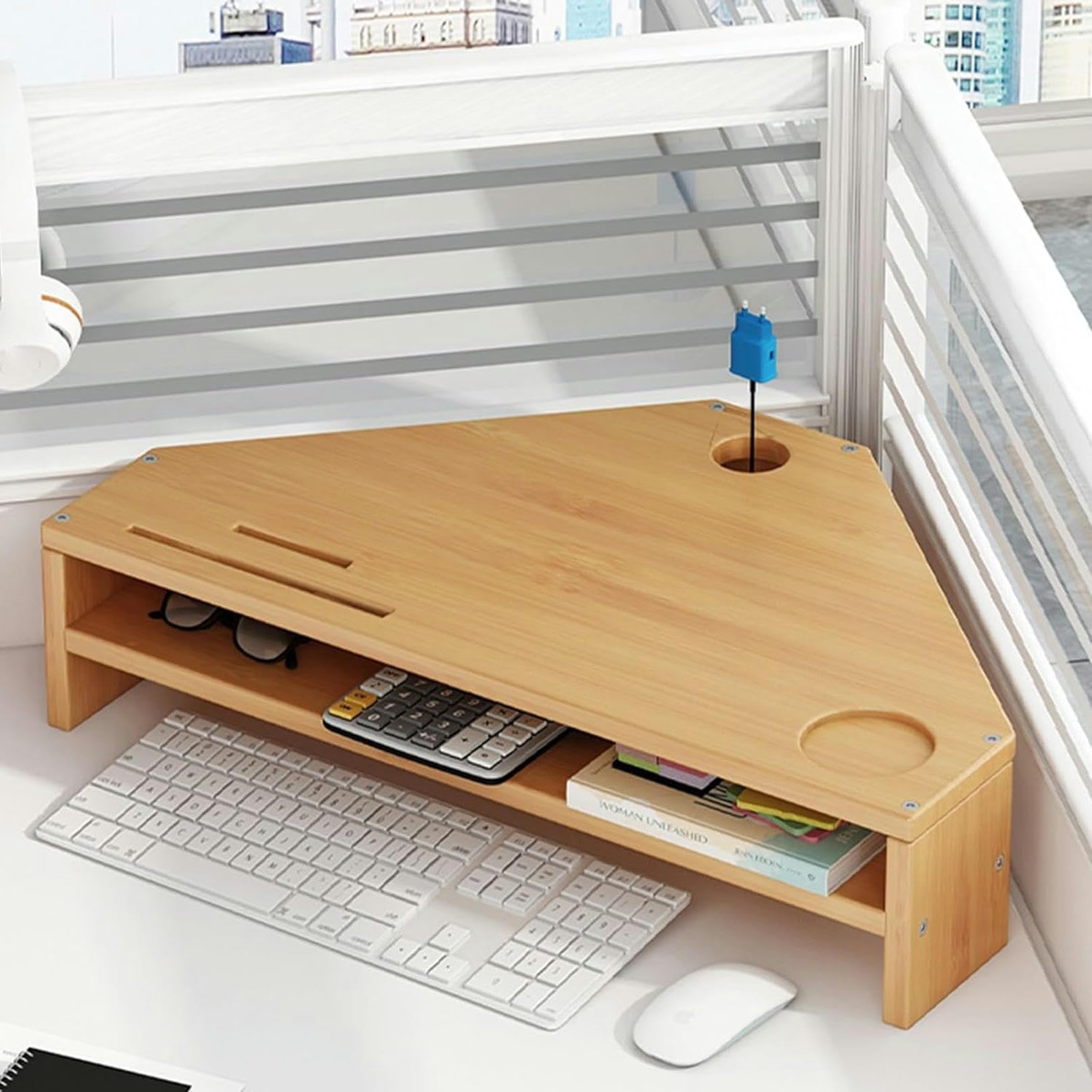 Support de moniteur triangulaire avec rangement double et porte-gobelets