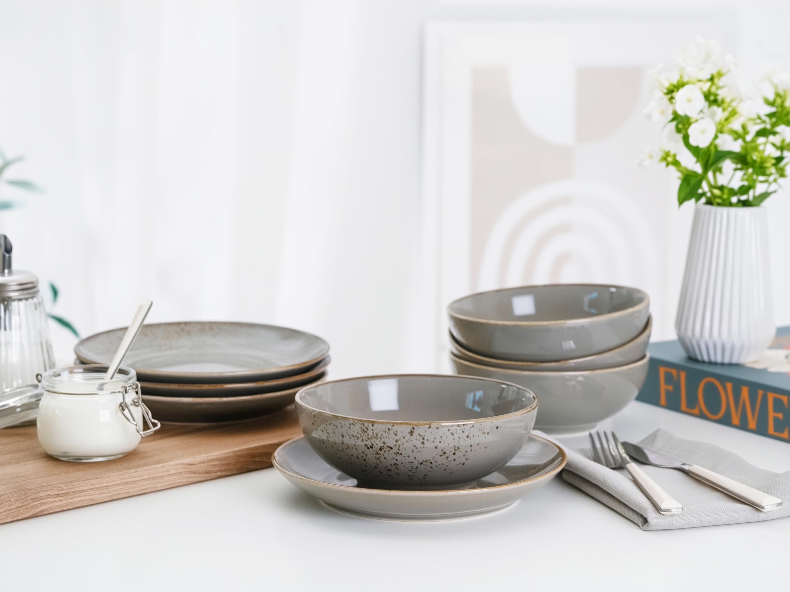 CreaTable, 24970, seria Nature Collection Stone, 12-częściowy zestaw naczyń dla 4 osób, serwis do kawy z kamionki, nadaje się do mycia w zmywarce i używania w kuchence mikrofalowej, wyprodukowano w