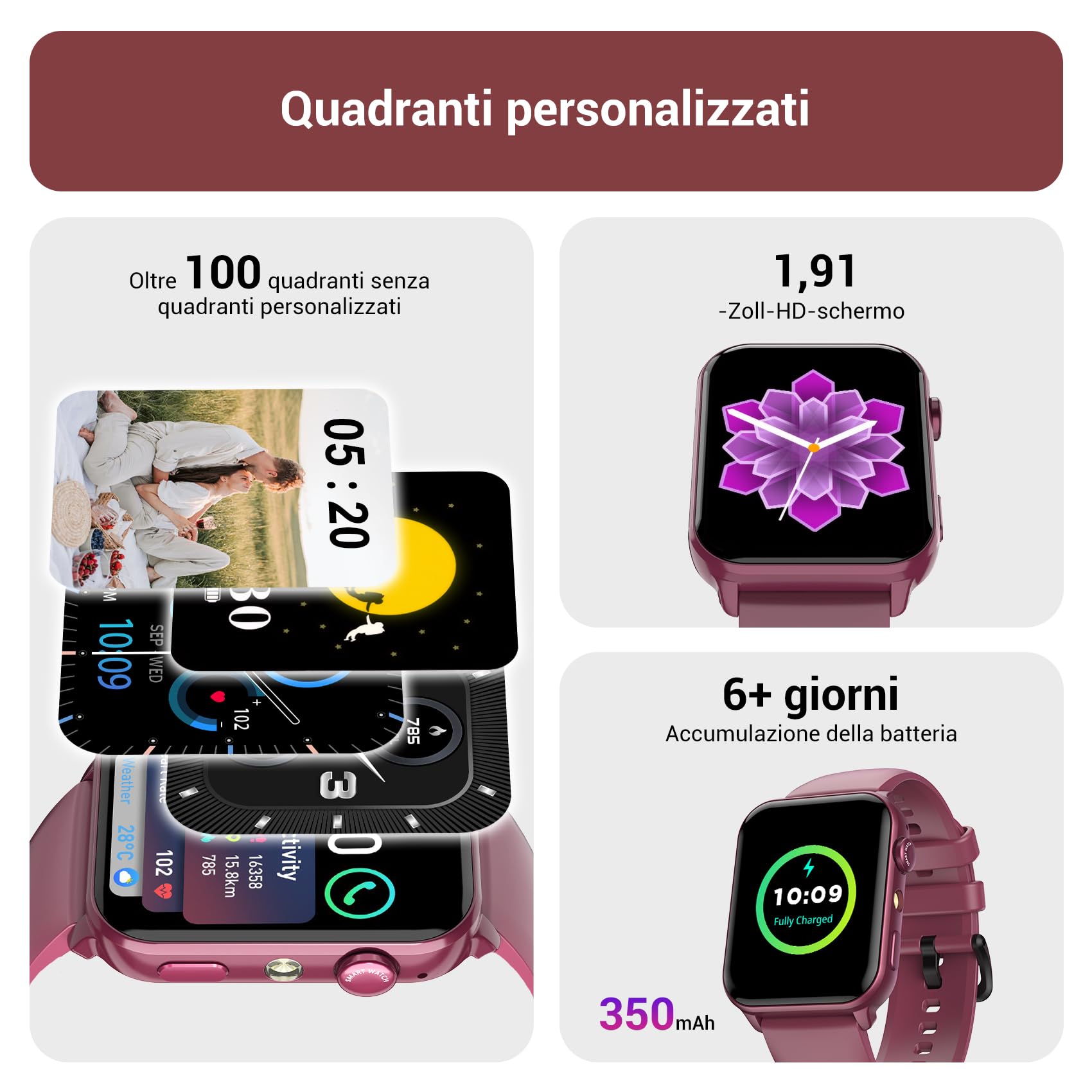 IOWODO Smartwatch Uomo Donna,Orologio Fitness con Chiamate,1.91" Smart Watch Monitor del SpO2/ Sonno,24H Cardiofrequenzimetro,100 modalità Sportive,Fitness Tracker per Android iOS(Claret)