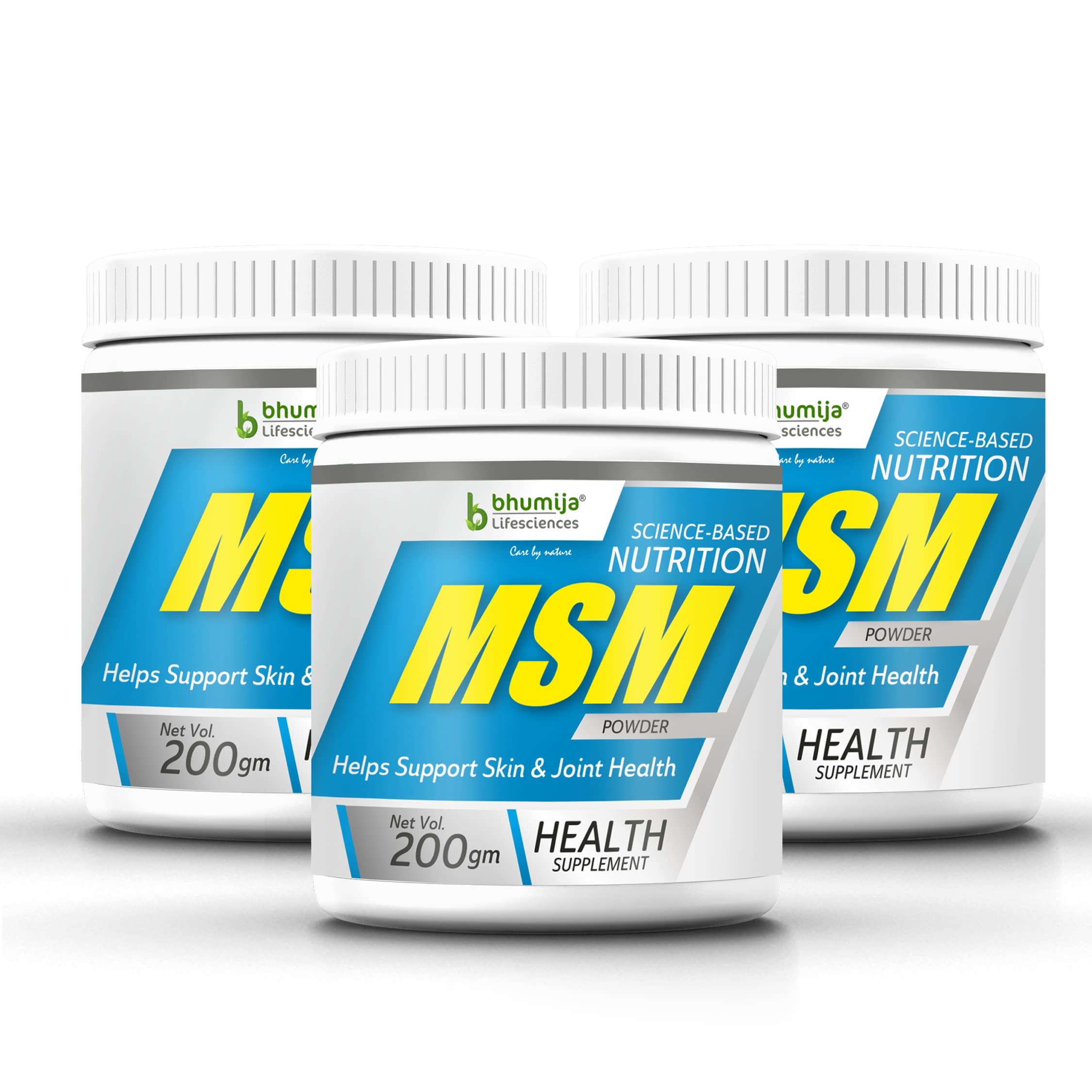 Bhumija Lifescience MSM Powder Pack of 3: Supports Skin Elasticity & Joint Flexibility - 200gm Bottles, Unflavored, Collagen Booster, Muscle Recovery, Bone Health