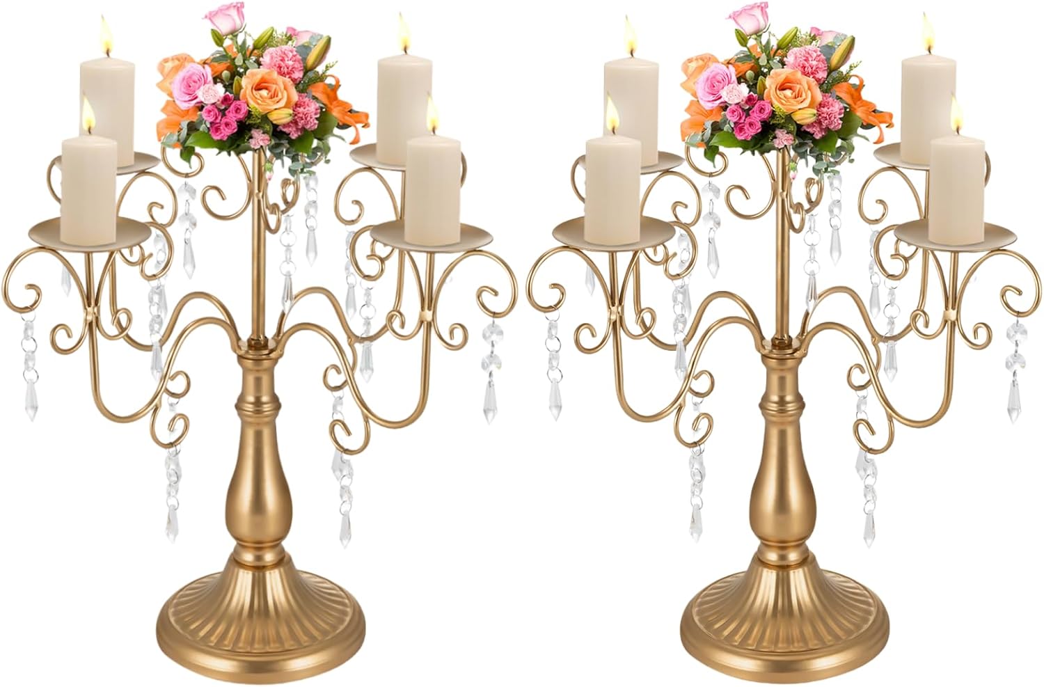 Gold Candelabra Centerpieces for Tables, 5 Arm Candelabra, 2PCS Vintage Candle Holders with Crystal Beads for Christmas Halloween Wedding Party Home Decoration